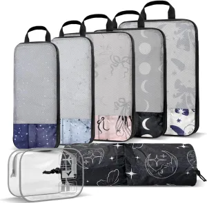 Boho Compression Packing Cubes Set (7 Piece) - Sun Moon Stars Travel Organizer Bags Travel Essential Bag for Clothes Shoes Cosmetics Toiletry