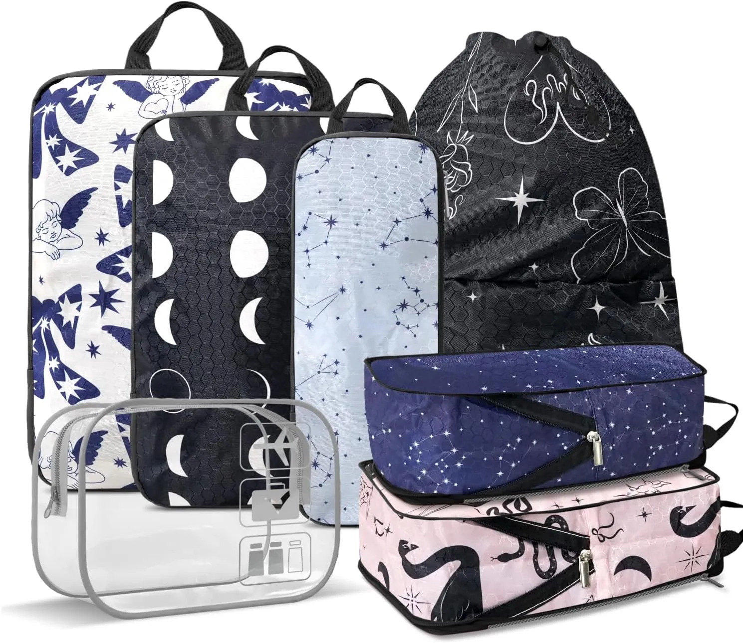 Boho Compression Packing Cubes Set (7 Piece) - Sun Moon Stars Travel Organizer Bags Travel Essential Bag for Clothes Shoes Cosmetics Toiletry
