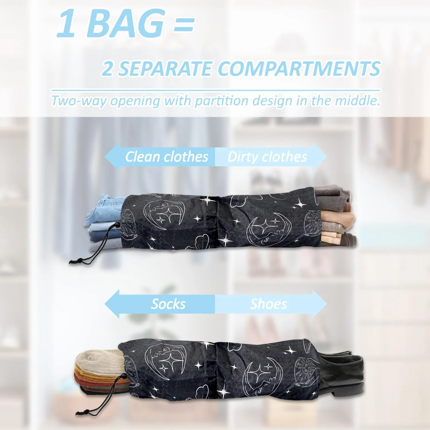 Boho Compression Packing Cubes Set (7 Piece) - Sun Moon Stars Travel Organizer Bags Travel Essential Bag for Clothes Shoes Cosmetics Toiletry