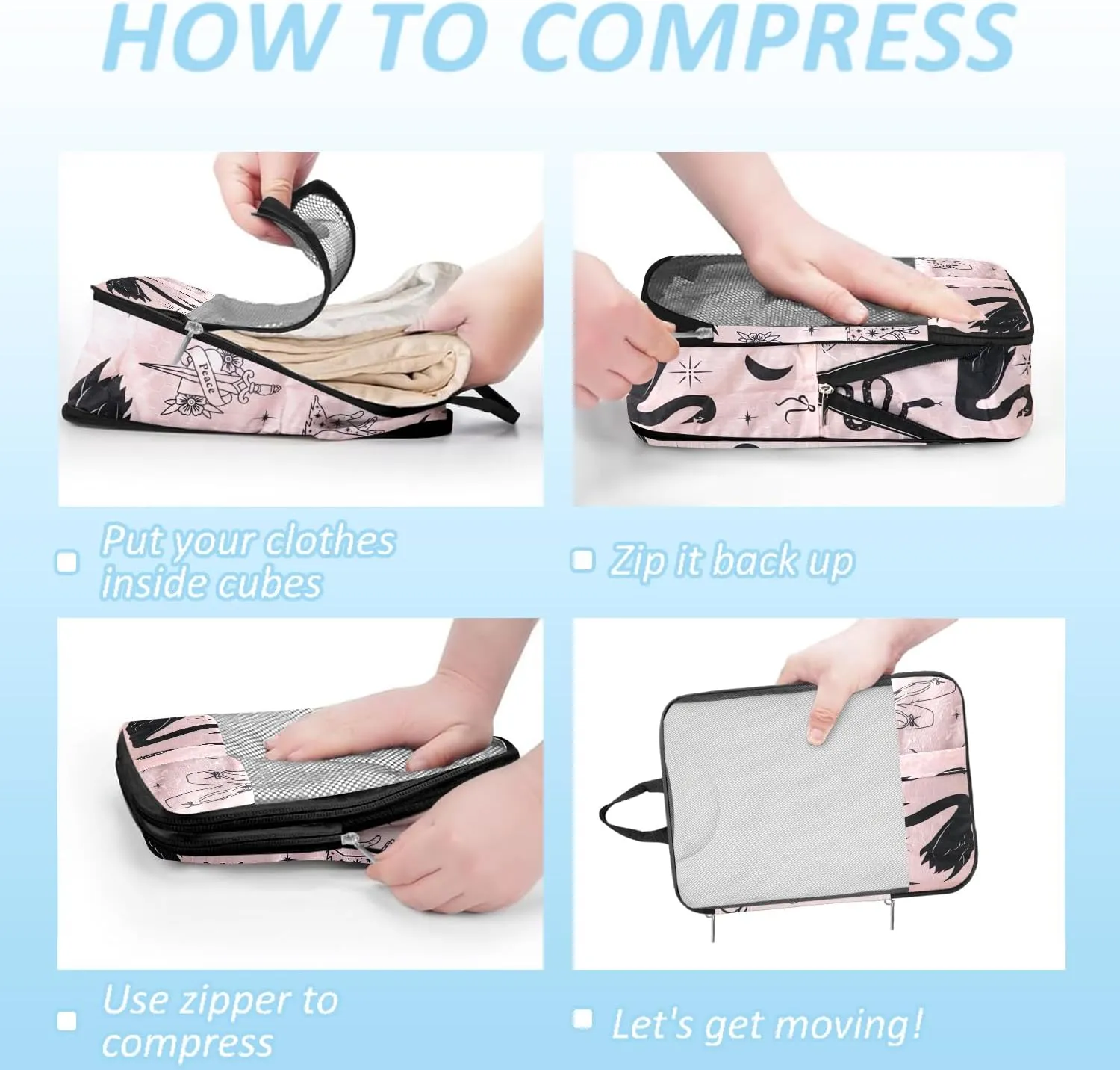 Boho Compression Packing Cubes Set (7 Piece) - Sun Moon Stars Travel Organizer Bags Travel Essential Bag for Clothes Shoes Cosmetics Toiletry