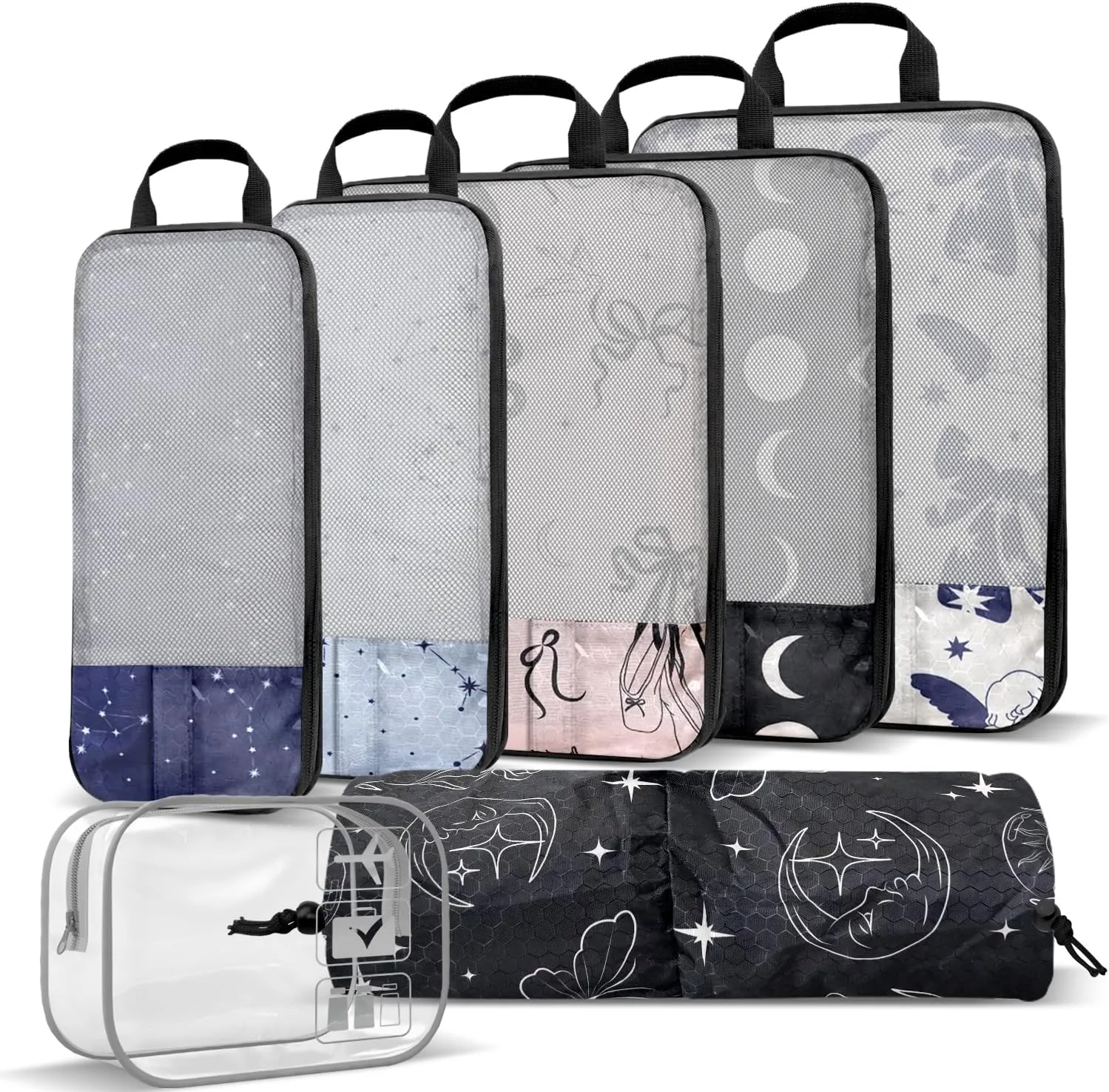 Boho Compression Packing Cubes Set (7 Piece) - Sun Moon Stars Travel Organizer Bags Travel Essential Bag for Clothes Shoes Cosmetics Toiletry
