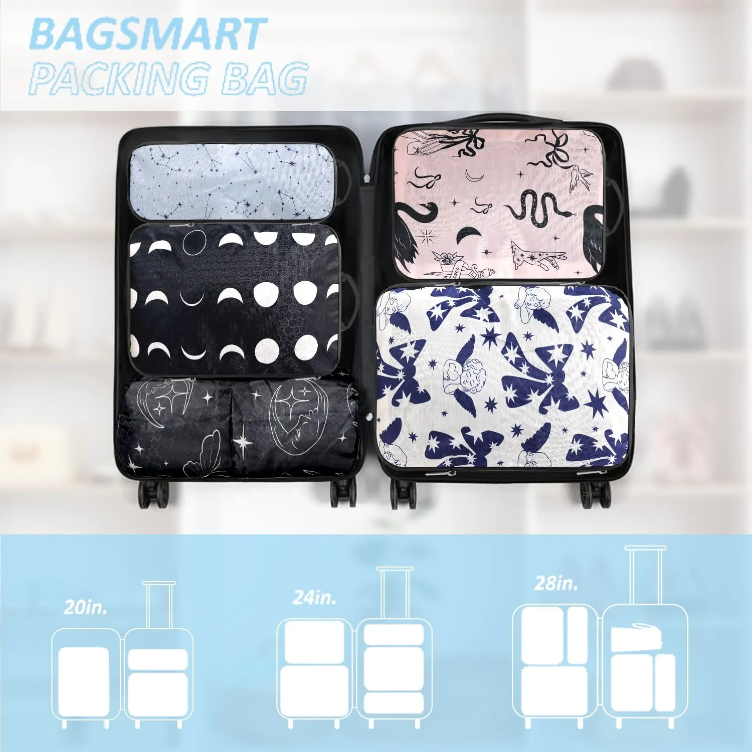 Boho Compression Packing Cubes Set (7 Piece) - Sun Moon Stars Travel Organizer Bags Travel Essential Bag for Clothes Shoes Cosmetics Toiletry