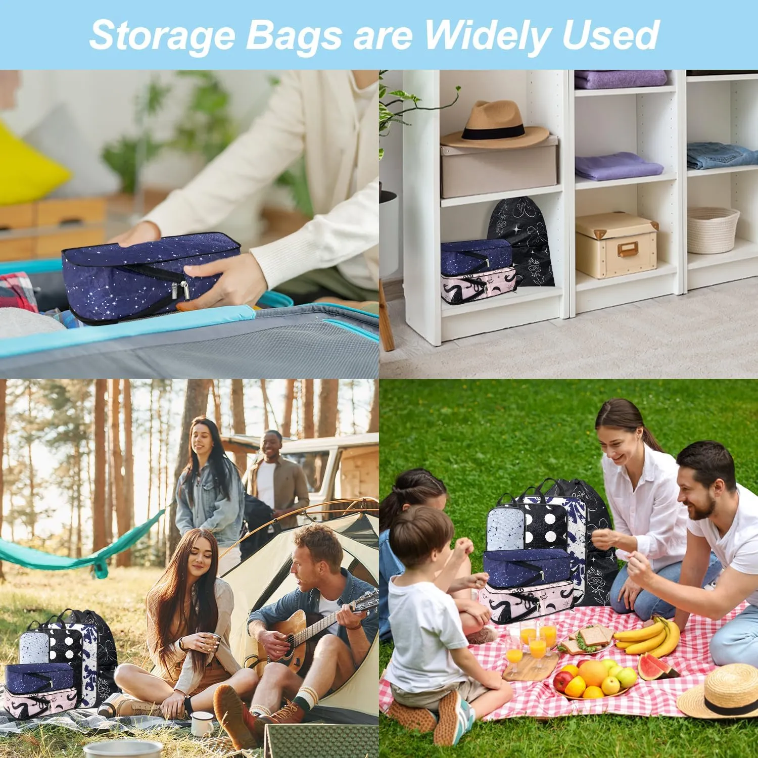 Boho Compression Packing Cubes Set (7 Piece) - Sun Moon Stars Travel Organizer Bags Travel Essential Bag for Clothes Shoes Cosmetics Toiletry