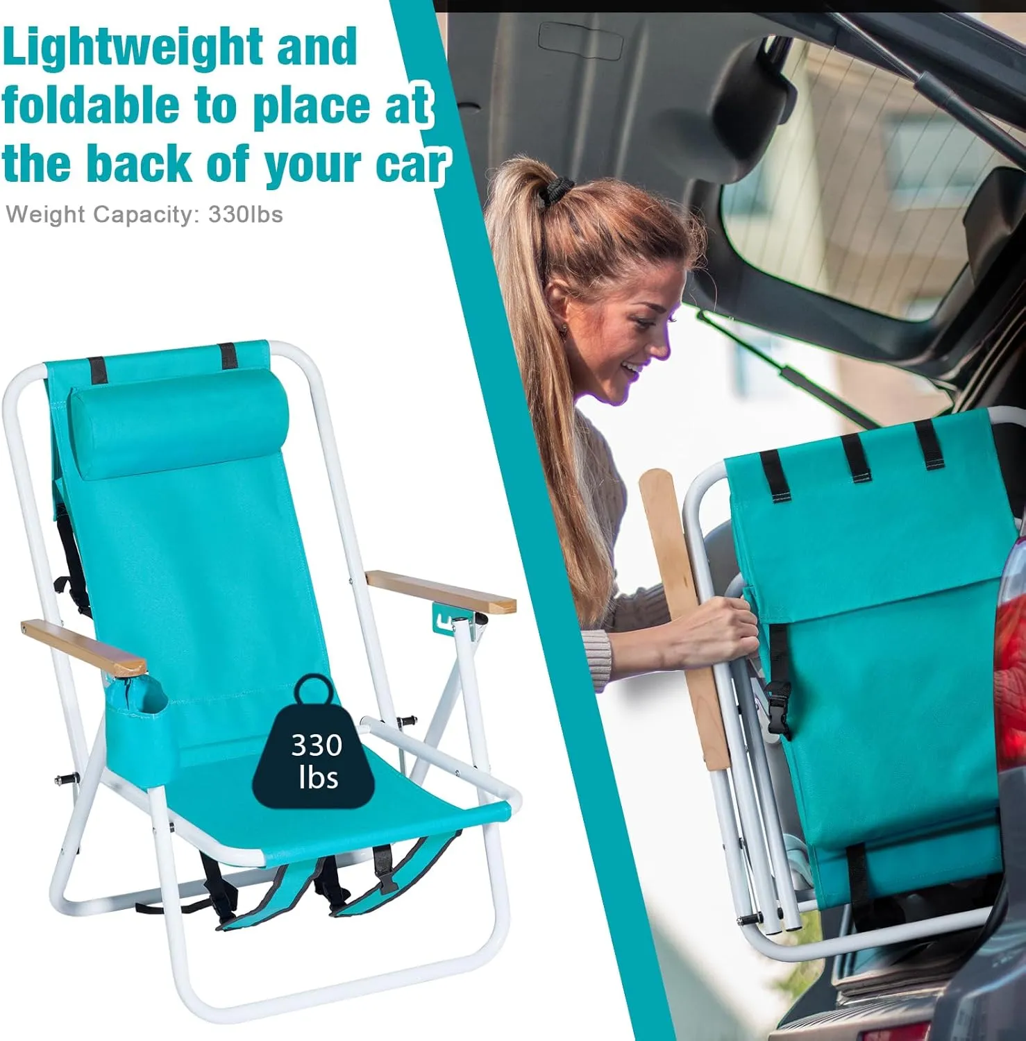 Bonnlo Backpack Carry Chair Set of 2 w/Cup Holder, Portable Foldable 4-Position Reclining, Heavy-Duty Camping Chair Supports 265 lbs (120 kg) for Beach Lawn Concert Fishing（Mint Green）