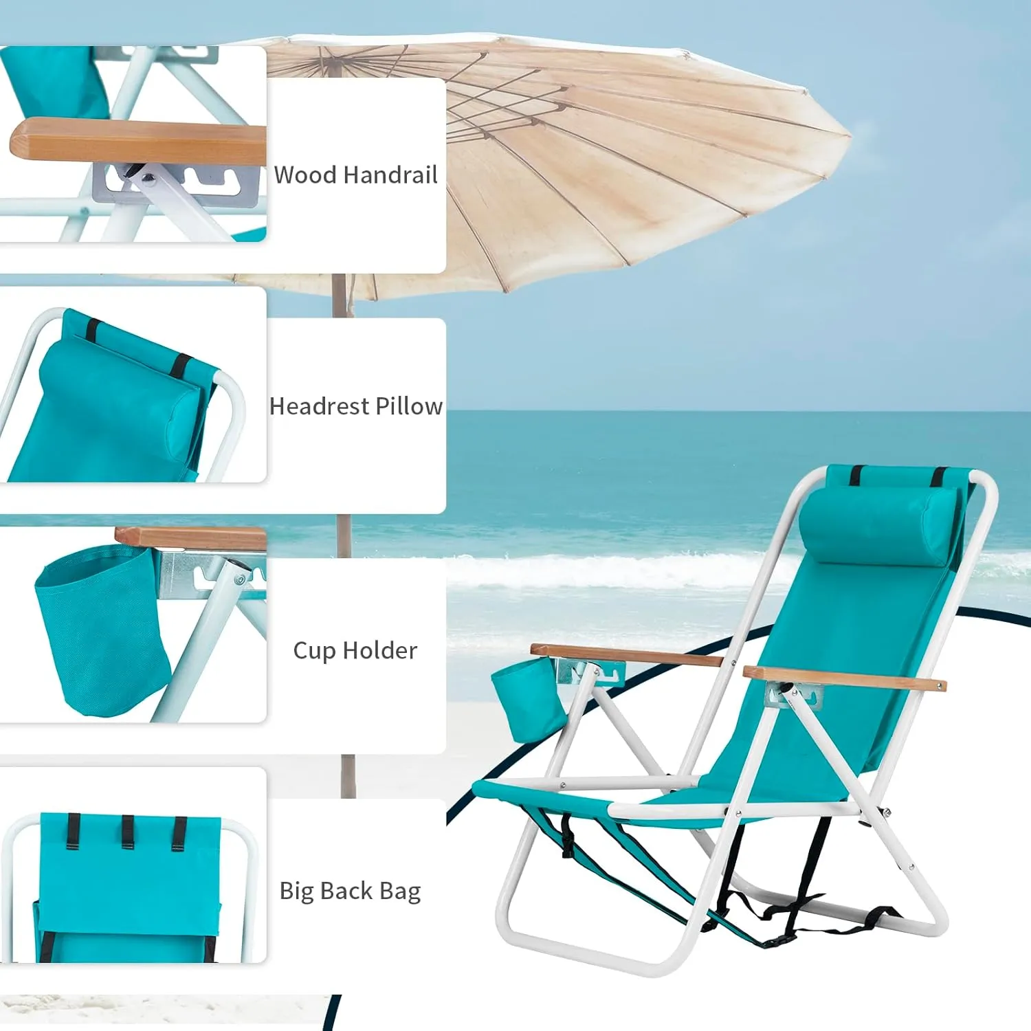 Bonnlo Backpack Carry Chair Set of 2 w/Cup Holder, Portable Foldable 4-Position Reclining, Heavy-Duty Camping Chair Supports 265 lbs (120 kg) for Beach Lawn Concert Fishing（Mint Green）