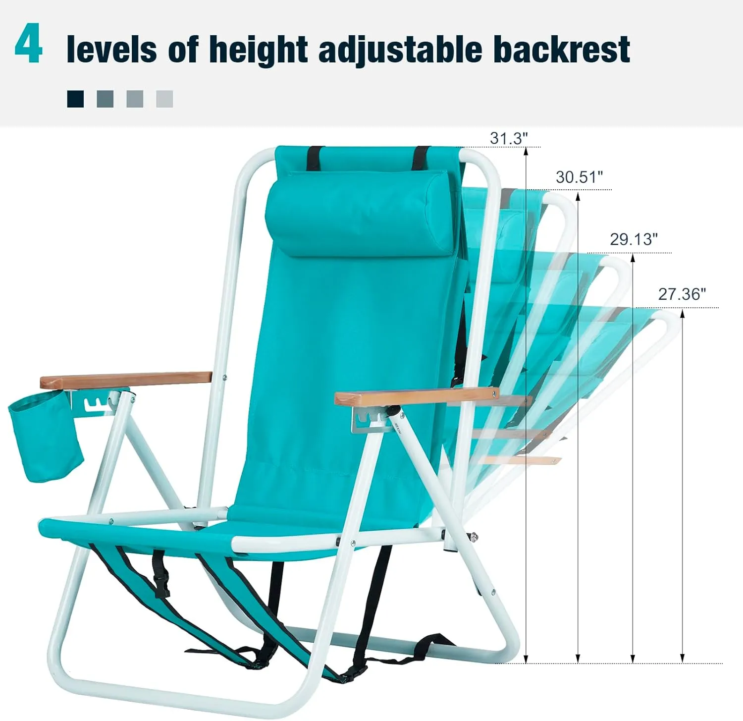 Bonnlo Backpack Carry Chair Set of 2 w/Cup Holder, Portable Foldable 4-Position Reclining, Heavy-Duty Camping Chair Supports 265 lbs (120 kg) for Beach Lawn Concert Fishing（Mint Green）
