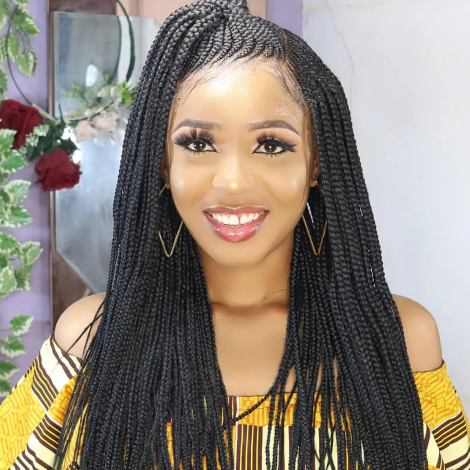 Braided Wigs for Black Women Box Braids Wig Fully Long Black Handmade 13x3 Lace Front Realistic Hand-Braided Wig Lightweight Synthetic Lace Frontal Black Cornrow Twisted 26 Inch
