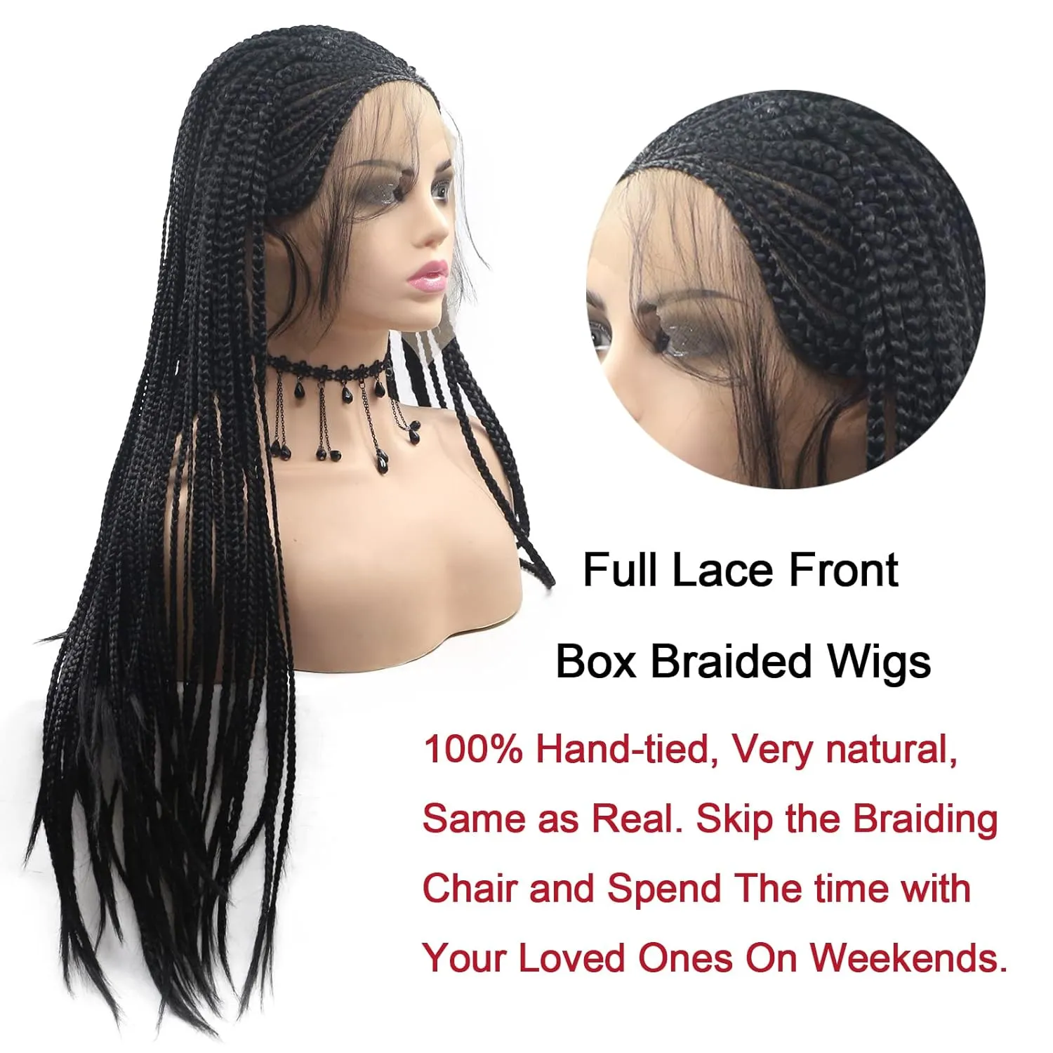 Braided Wigs for Black Women Box Braids Wig Fully Long Black Handmade 13x3 Lace Front Realistic Hand-Braided Wig Lightweight Synthetic Lace Frontal Black Cornrow Twisted 26 Inch