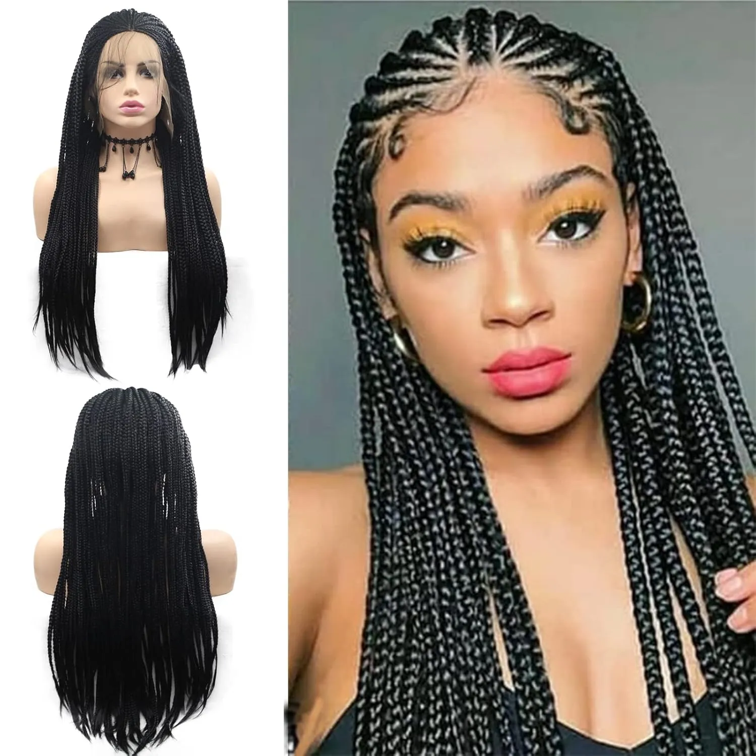 Braided Wigs for Black Women Box Braids Wig Fully Long Black Handmade 13x3 Lace Front Realistic Hand-Braided Wig Lightweight Synthetic Lace Frontal Black Cornrow Twisted 26 Inch