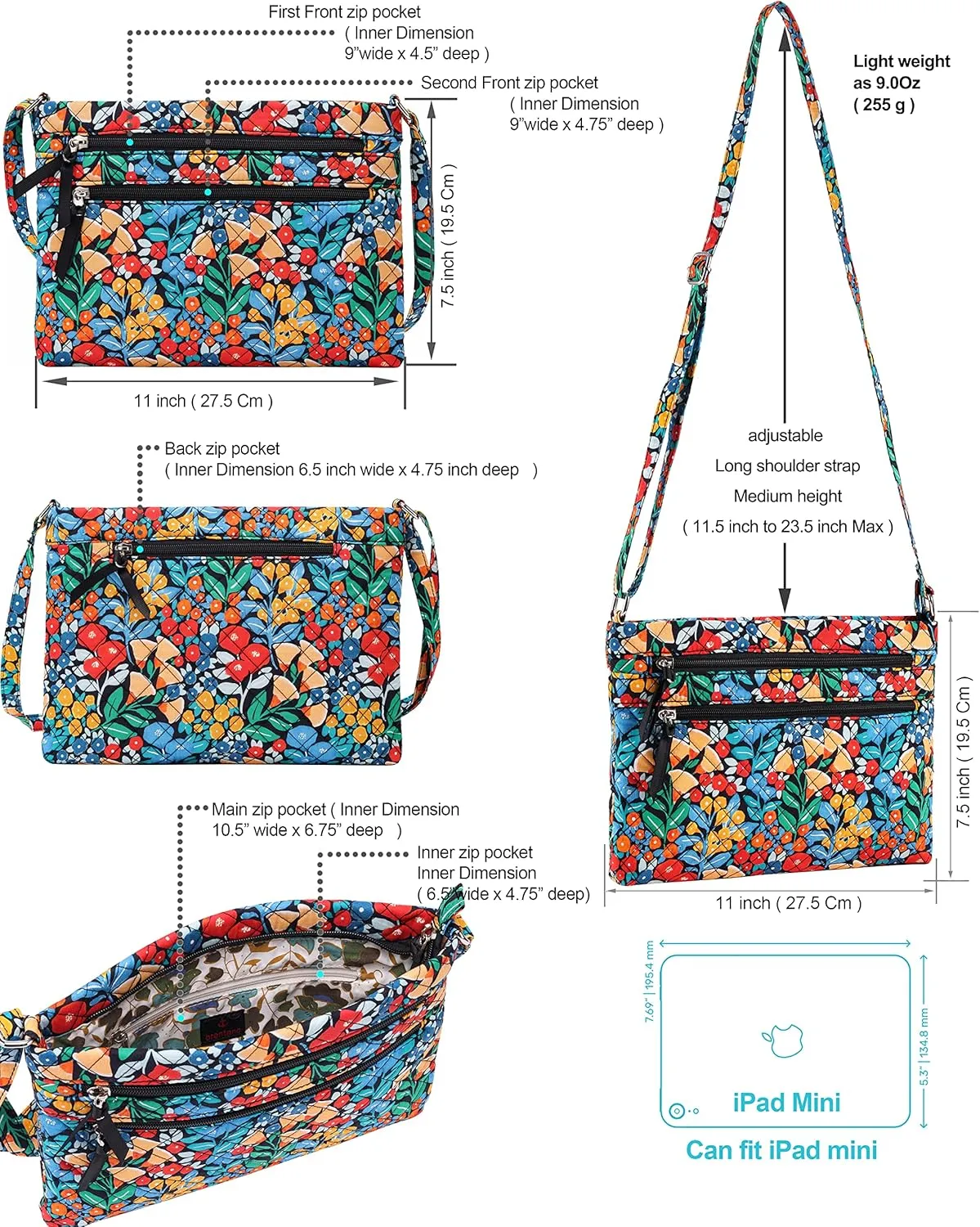 Brentano Cotton quilted Multi-zipper crossbody purse