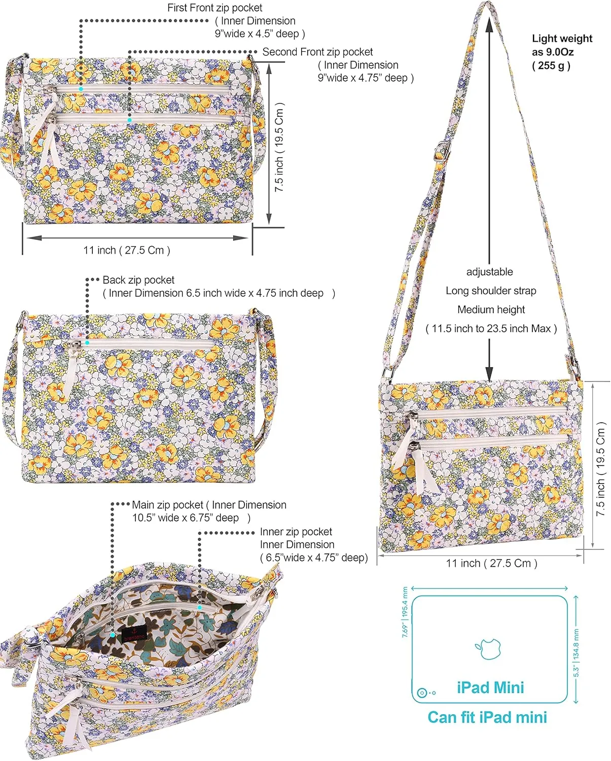 Brentano Cotton quilted Multi-zipper crossbody purse