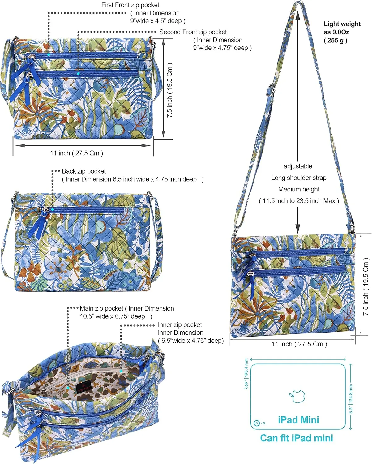 Brentano Cotton quilted Multi-zipper crossbody purse