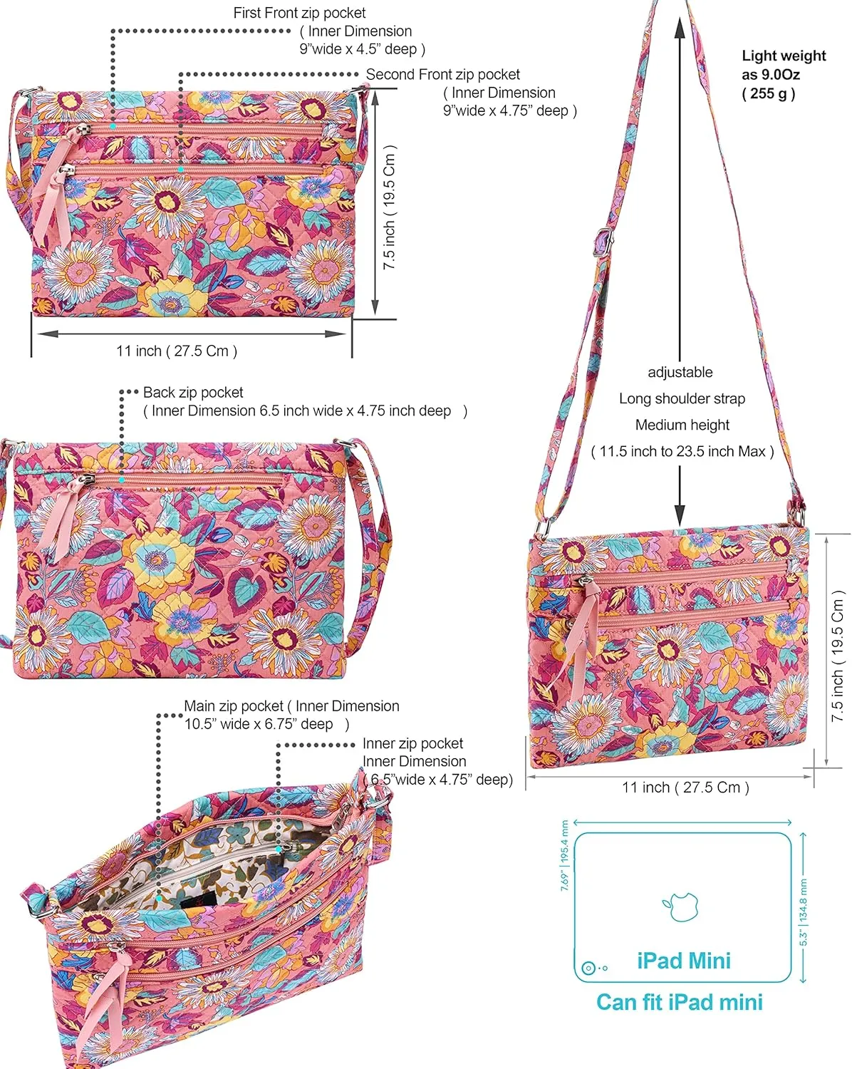 Brentano Cotton quilted Multi-zipper crossbody purse