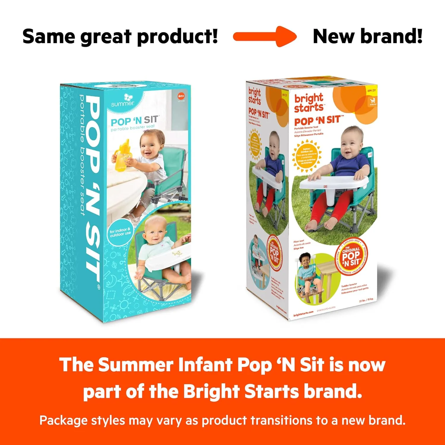 Bright Starts Pop 'N Sit Portable Booster, Indoor/Outdoor Use, Floor Seat with Feeding Tray, Pink, 6 Mos - 3 Yrs (Pack of 2)