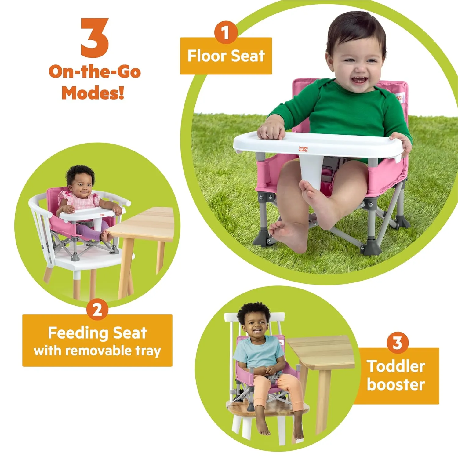 Bright Starts Pop 'N Sit Portable Booster, Indoor/Outdoor Use, Floor Seat with Feeding Tray, Pink, 6 Mos - 3 Yrs (Pack of 2)
