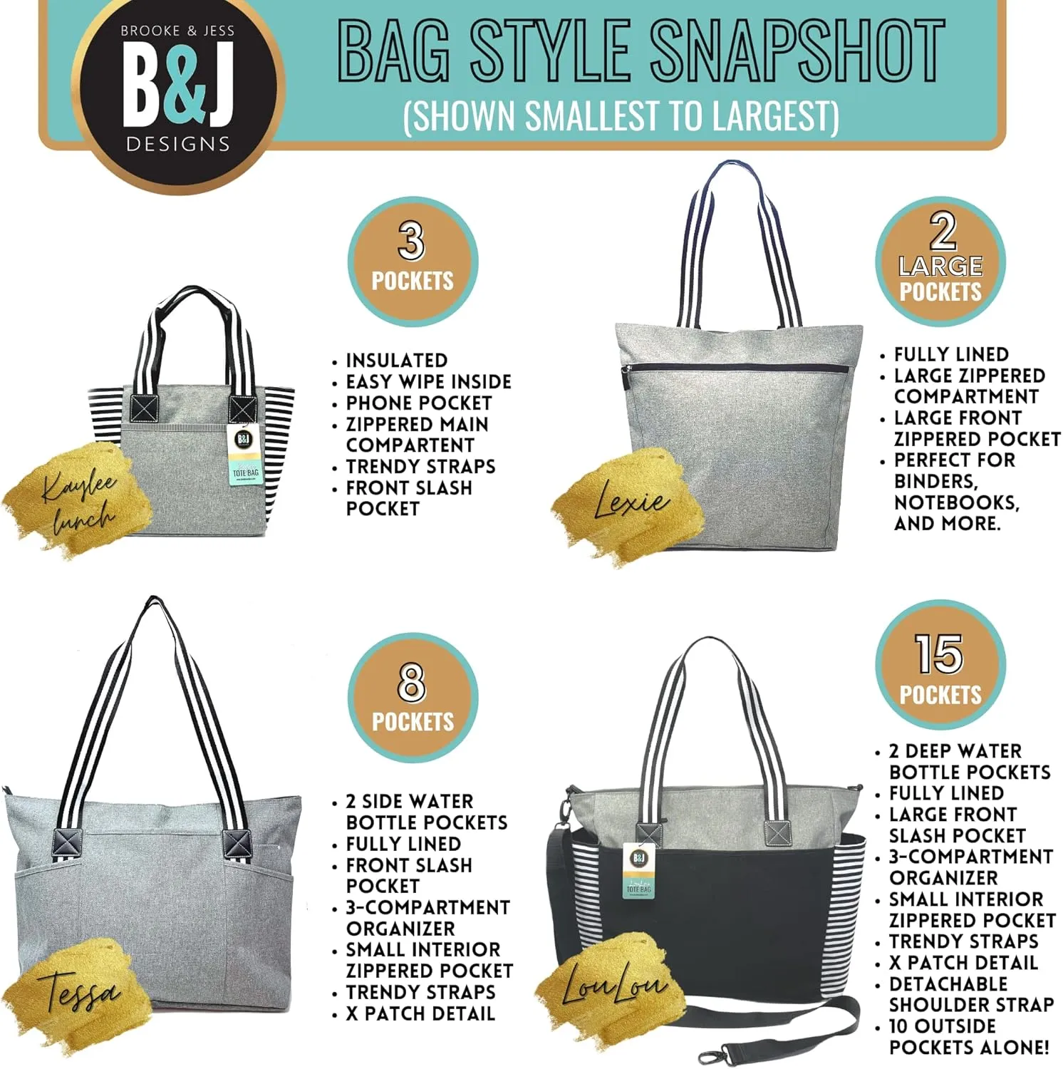Brooke & Jess Designs Cute Lunch Bags for Women - Insulated Lunch Tote for Work - Nurse, Teacher, Grandma, Mom