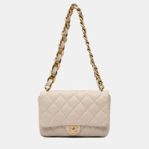 Brown tone Lambskin Leather Large Quilted Funky Town Flap Bag