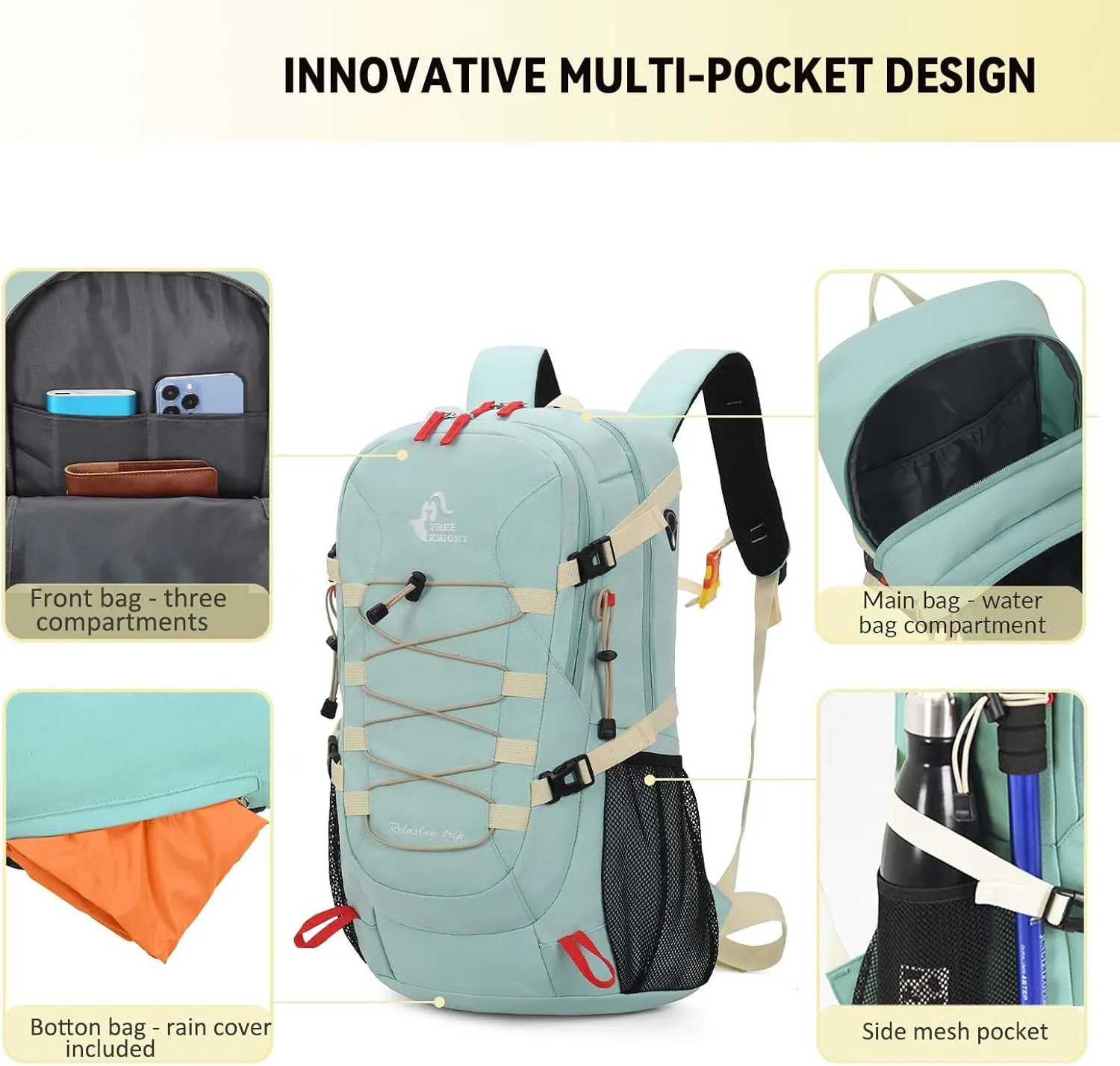 Bseash 40L Waterproof Hiking Backpack with Rain Cover, Outdoor Sport Travel Bag Daypack for Camping Climbing Skiing Cycling (Milk Green)