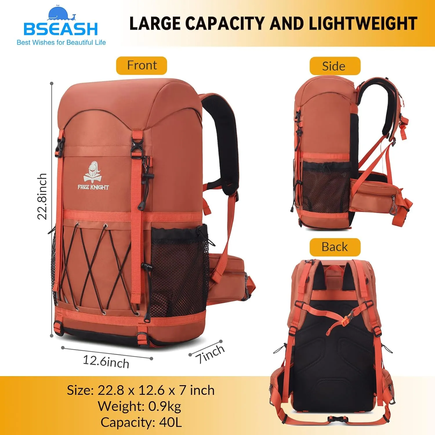 Bseash 40L Waterproof Hiking Backpack with Rain Cover, Outdoor Sport Travel Bag Daypack for Camping Climbing Skiing Cycling (Orange)