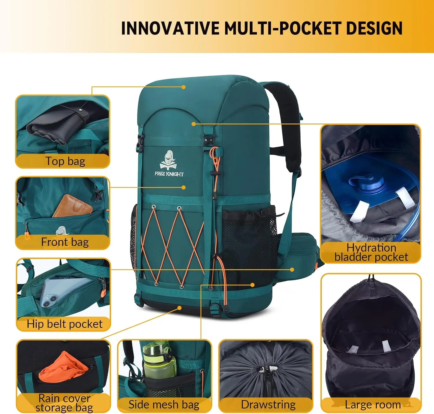Bseash 40L Waterproof Hiking Backpack with Rain Cover, Outdoor Sport Travel Bag Daypack for Camping Climbing Skiing Cycling (Orange)