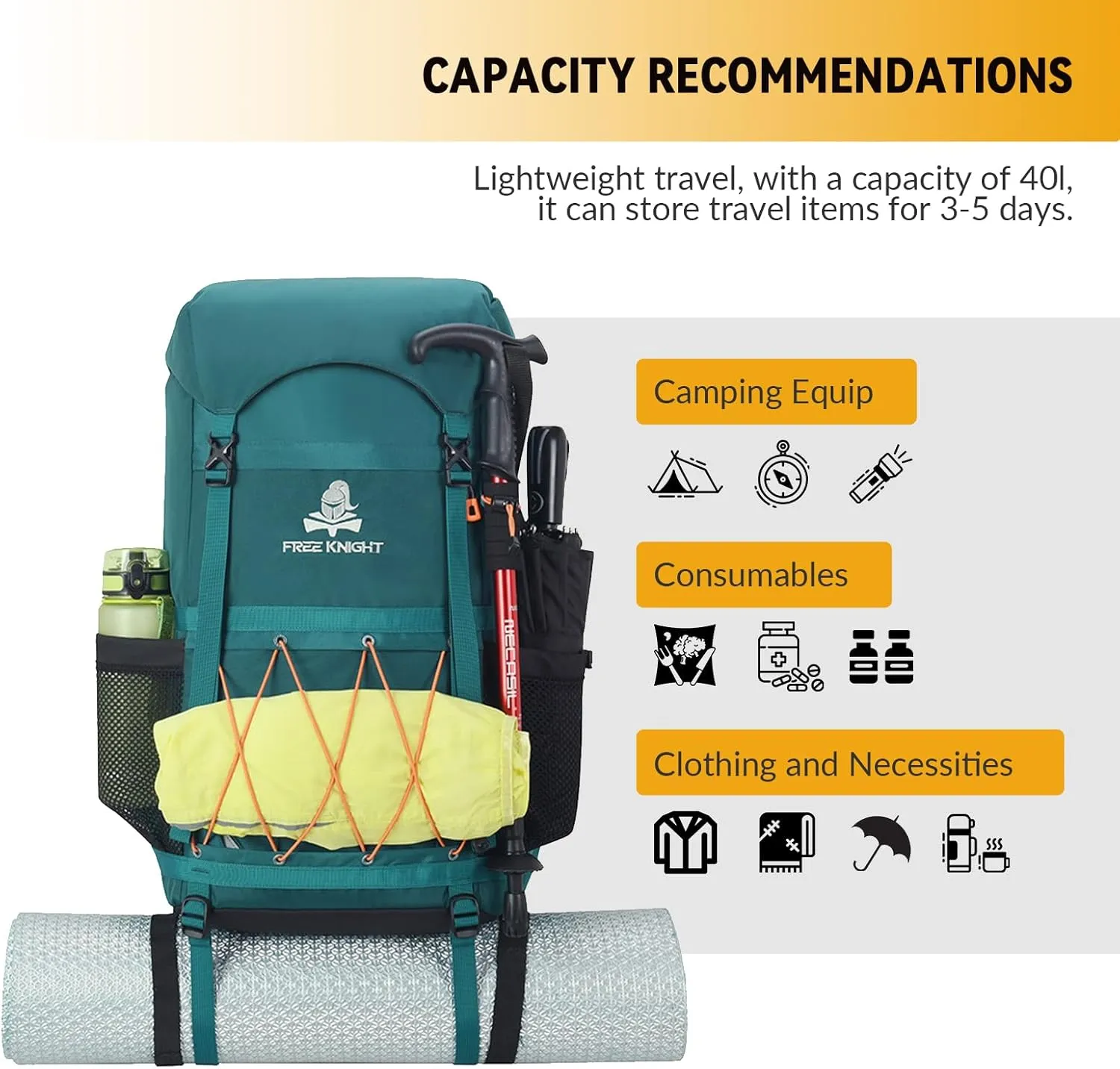 Bseash 40L Waterproof Hiking Backpack with Rain Cover, Outdoor Sport Travel Bag Daypack for Camping Climbing Skiing Cycling (Orange)