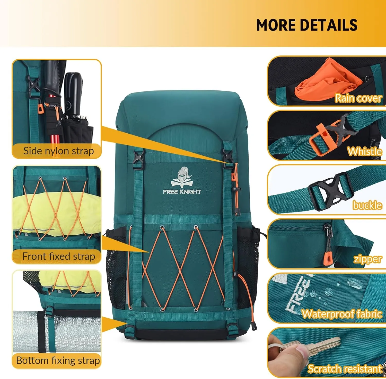 Bseash 40L Waterproof Hiking Backpack with Rain Cover, Outdoor Sport Travel Bag Daypack for Camping Climbing Skiing Cycling (Orange)