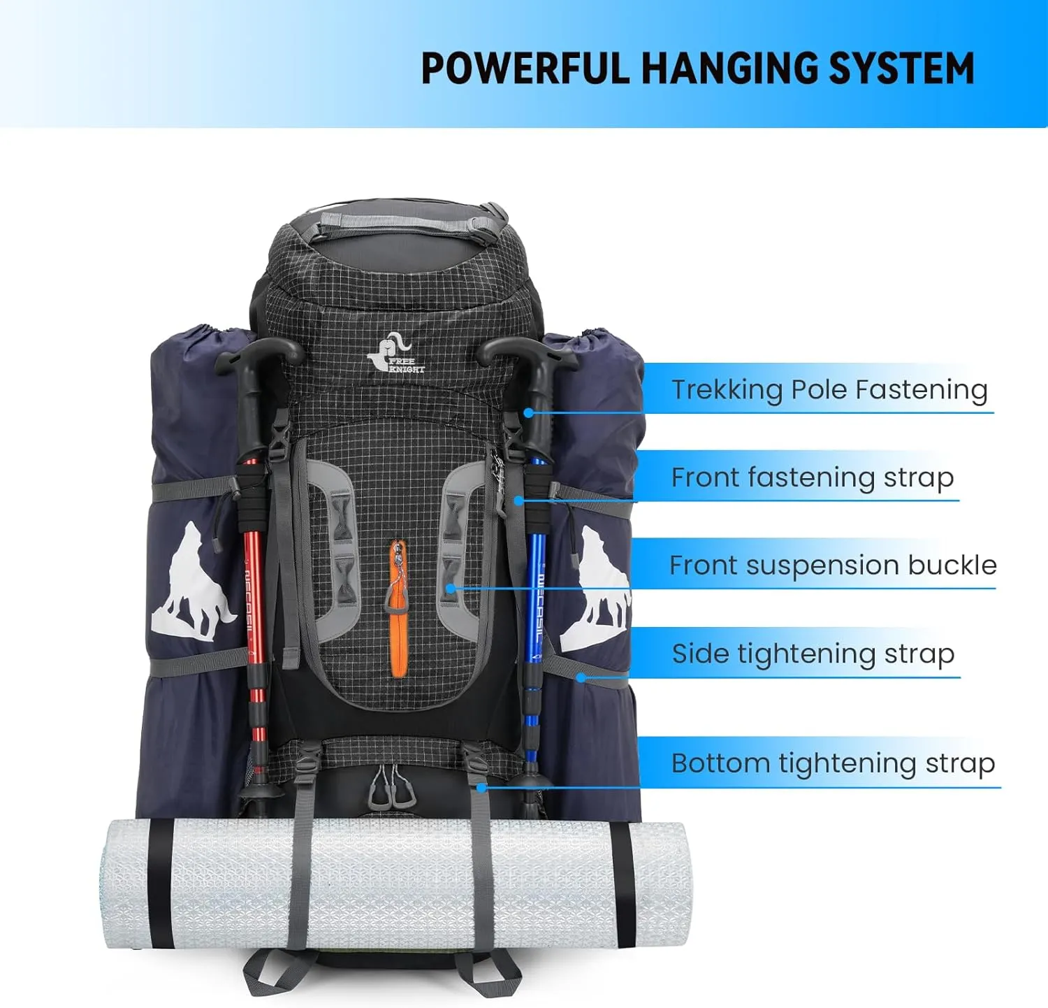 Bseash 80L Waterproof Hiking Camping Backpack with Rain Cover, Lightweight Outdoor Sport Travel Daypack for Climbing Touring (Blue)