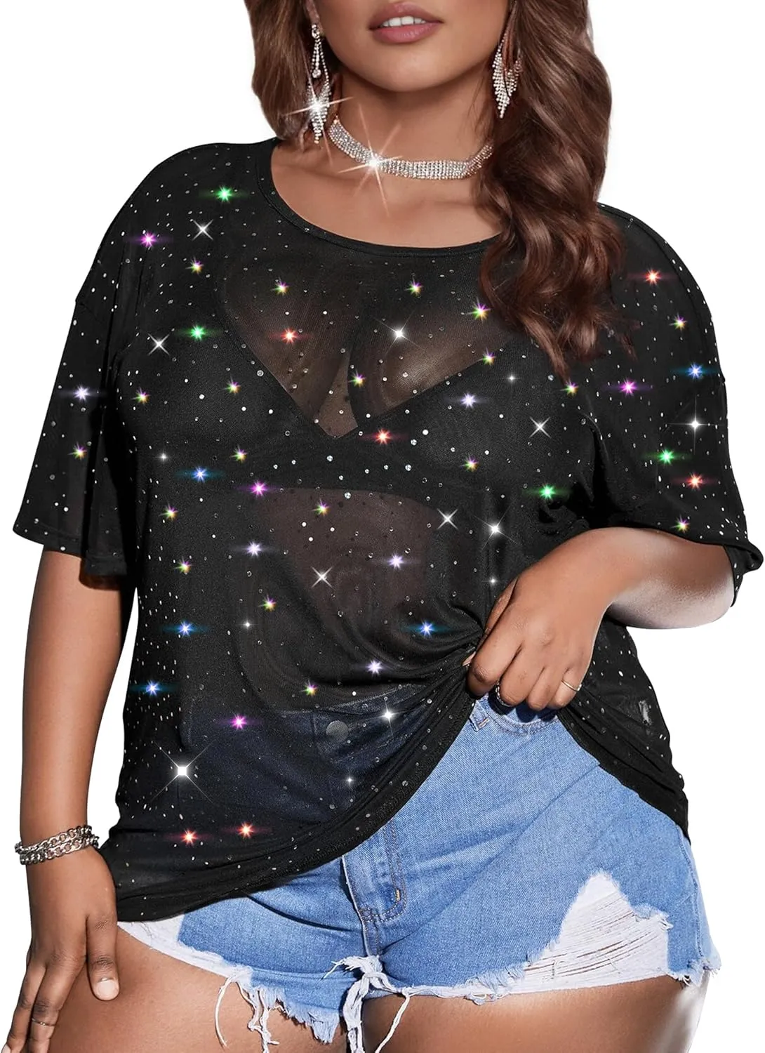 Buauty Plus Size Glitter Sheer Mesh Tops for Women Summer Black See Through T Shirt 2025 Sparkly Sexy Country Concert Outfits