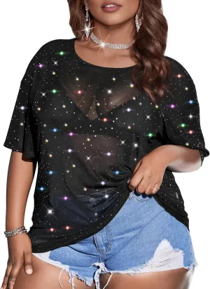 Buauty Plus Size Glitter Sheer Mesh Tops for Women Summer Black See Through T Shirt 2025 Sparkly Sexy Country Concert Outfits