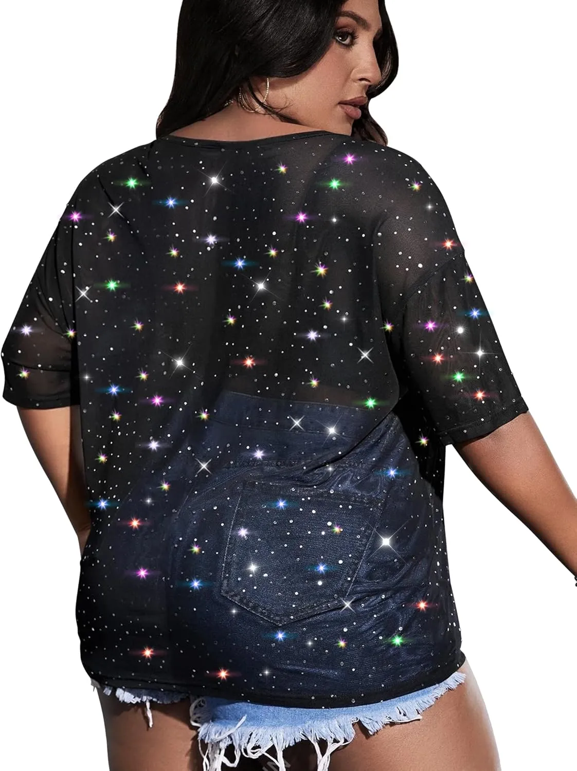 Buauty Plus Size Glitter Sheer Mesh Tops for Women Summer Black See Through T Shirt 2025 Sparkly Sexy Country Concert Outfits