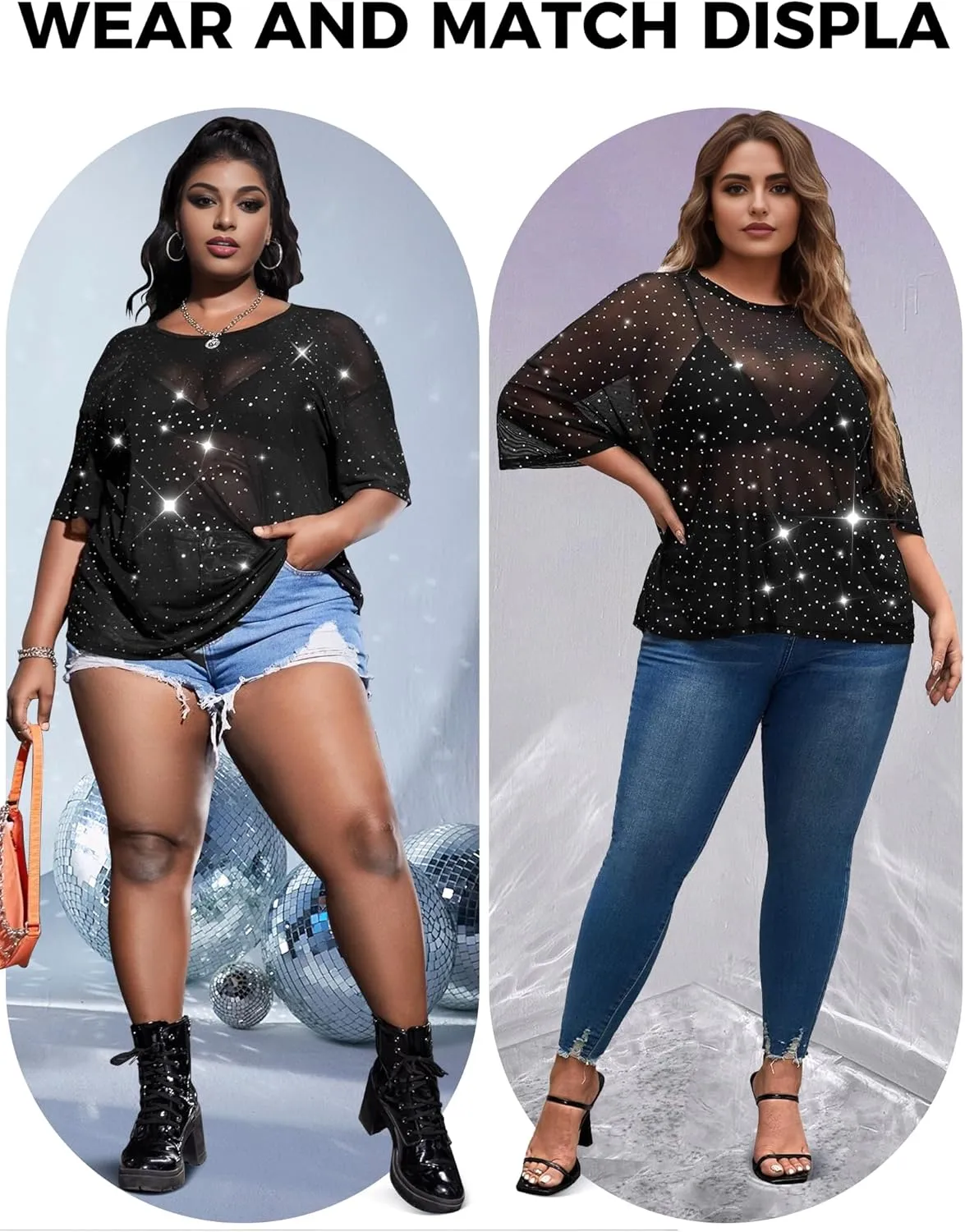 Buauty Plus Size Glitter Sheer Mesh Tops for Women Summer Black See Through T Shirt 2025 Sparkly Sexy Country Concert Outfits