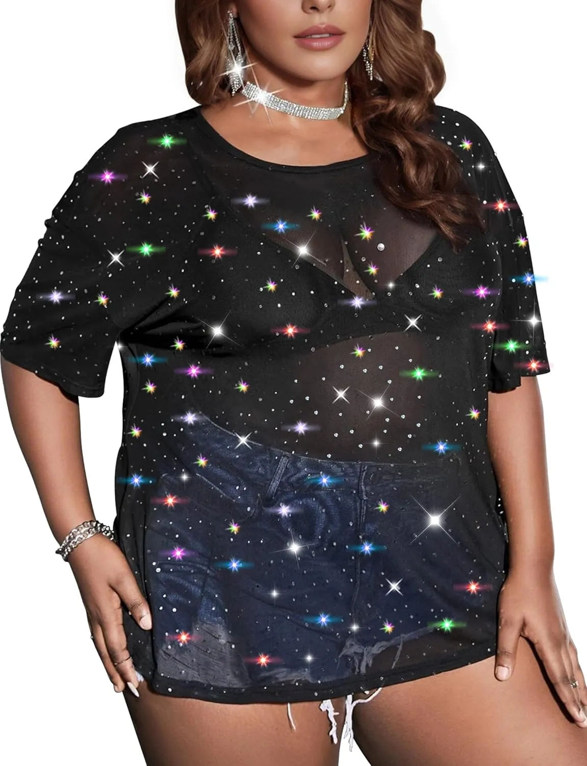 Buauty Plus Size Glitter Sheer Mesh Tops for Women Summer Black See Through T Shirt 2025 Sparkly Sexy Country Concert Outfits