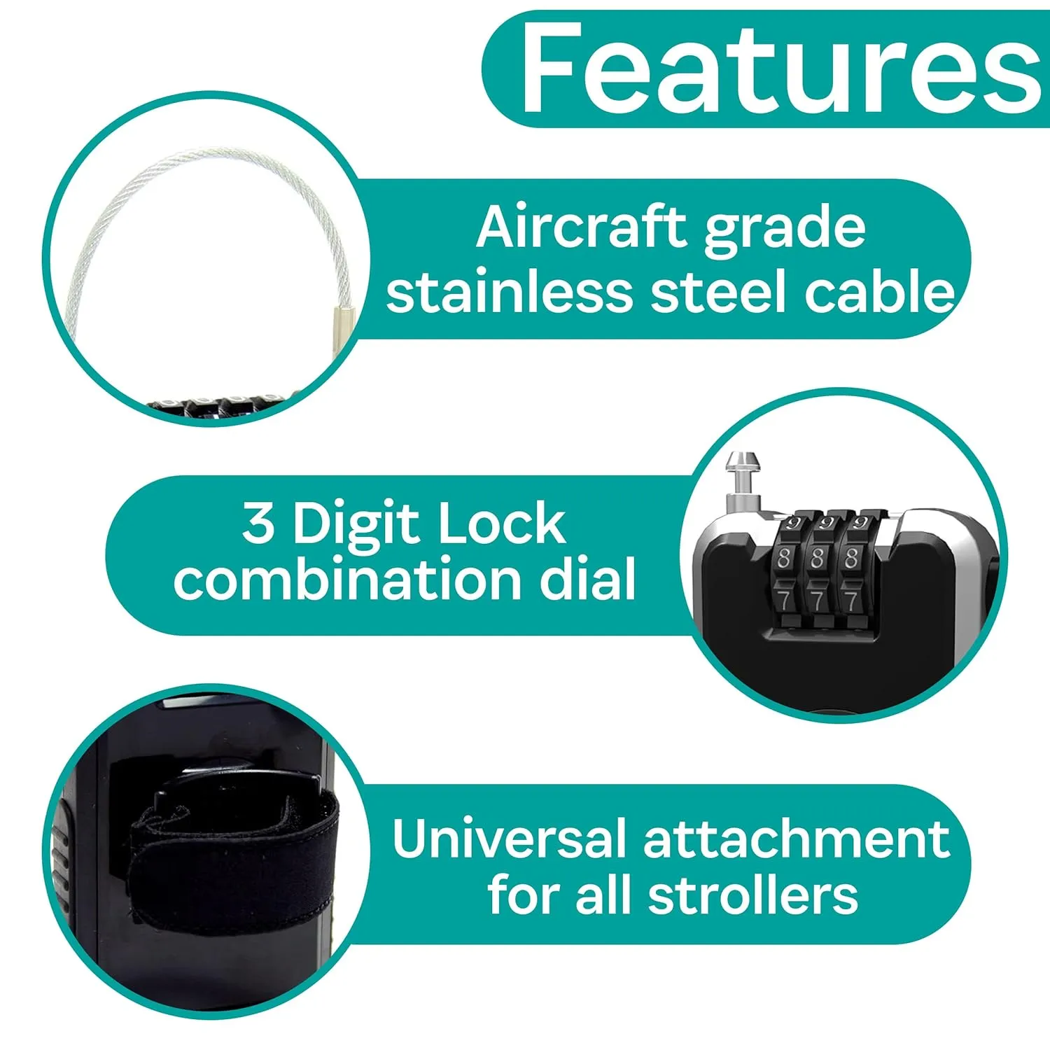 Buggygear Stroller Lock - Anti-Theft Retractable Combination Chain Cable Locks, Thin, Lightweight Safety Padlock for Essentials & Accessories - Strollers, Buggies, Skis, Bikes & Bicycles