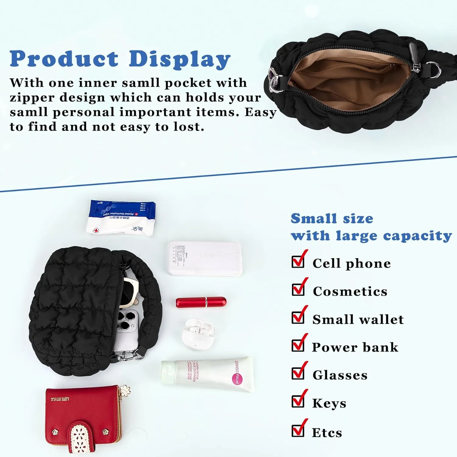 bvya Two Sizes Quilted Wristlet Bag for Women, Puffer Handbags,Evening Bags,Charm Lipstick Bag