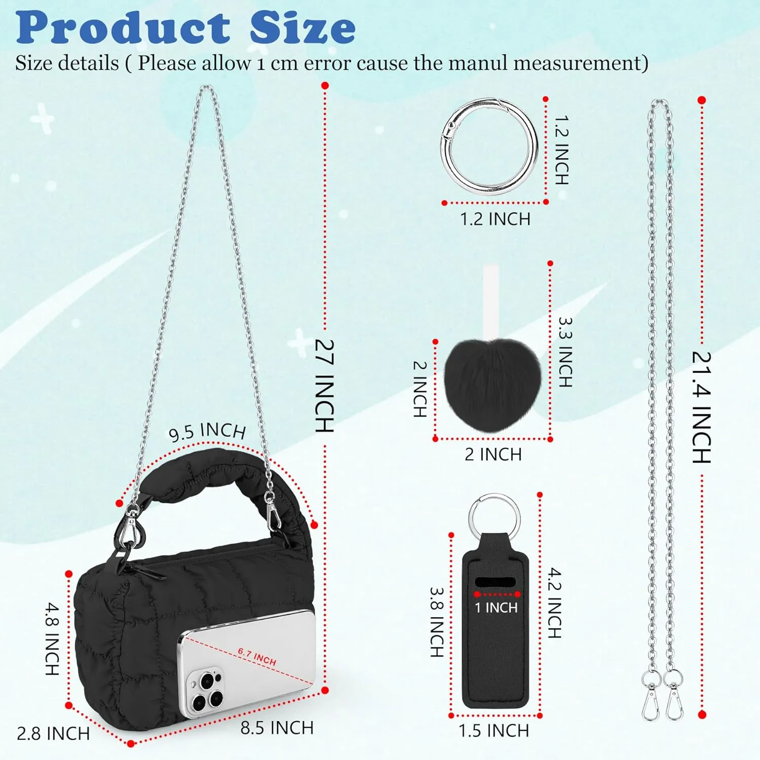 bvya Two Sizes Quilted Wristlet Bag for Women, Puffer Handbags,Evening Bags,Charm Lipstick Bag
