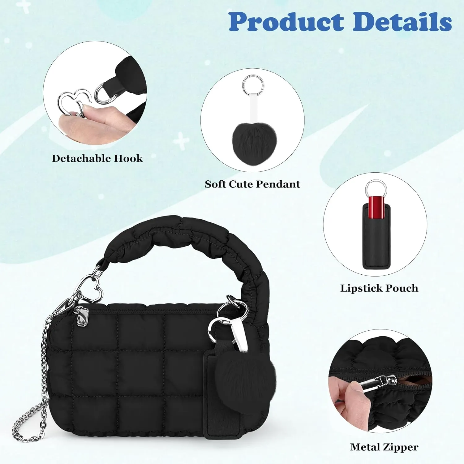 bvya Two Sizes Quilted Wristlet Bag for Women, Puffer Handbags,Evening Bags,Charm Lipstick Bag