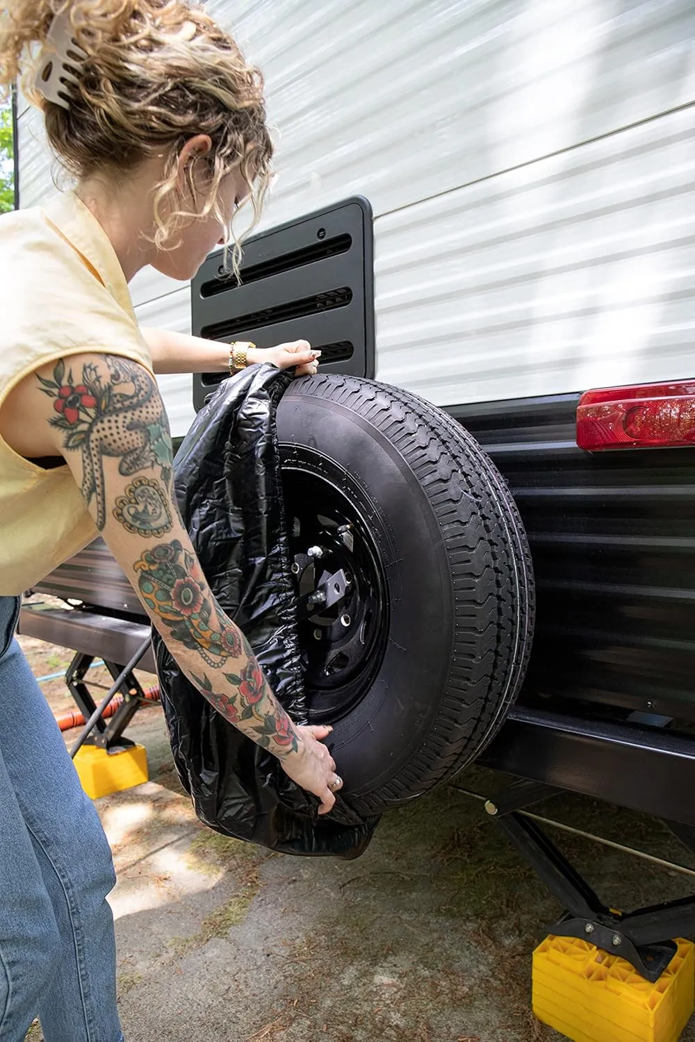 Camco Life is Better at Campsite 27" Vinyl Cover with Elastic Hem-Durable Design Keeps Dirt, Rain, and Sun Away from Your Spare Tire (53292)