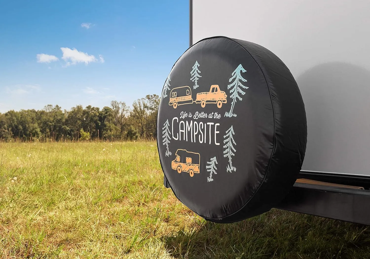 Camco Life is Better at Campsite 27" Vinyl Cover with Elastic Hem-Durable Design Keeps Dirt, Rain, and Sun Away from Your Spare Tire (53292)