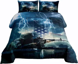 Camo Soldier Comforter Set Twin for Boys Teen Military Camouflage Vintage American Flag Down Comforter Blue Lightning Retro Usa National Flag Quilted Duvet for Adult Kids Men Bedroom Decor