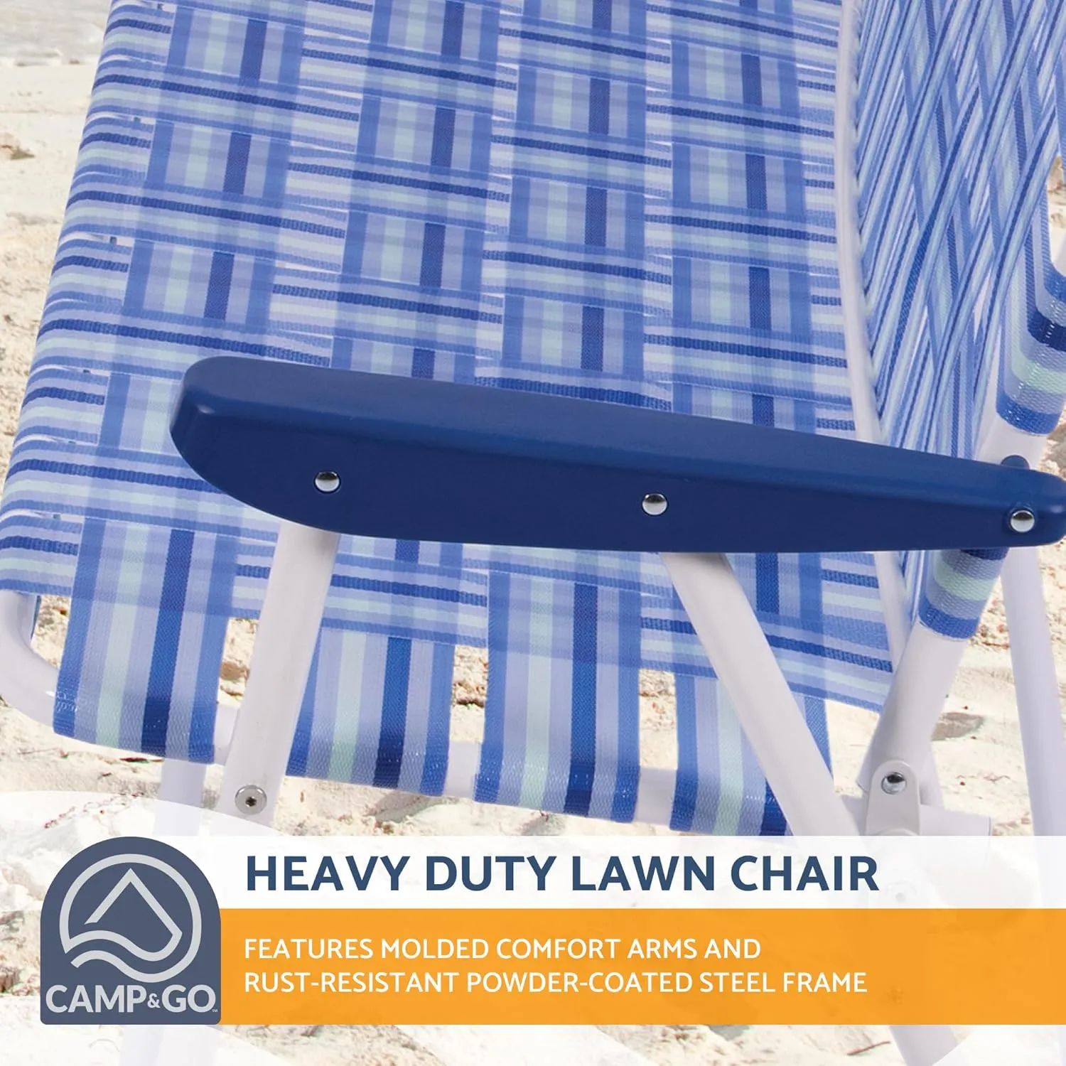 CAMP & GO 16" Extended Height Folding Double Wide Web Lawn Chair Loveseat, Blue/White