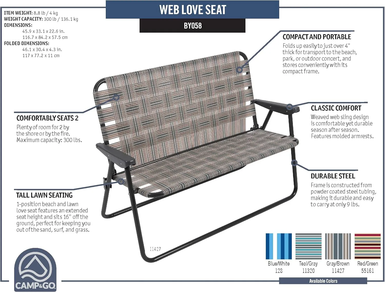 CAMP & GO 16" Extended Height Folding Double Wide Web Lawn Chair Loveseat, Blue/White