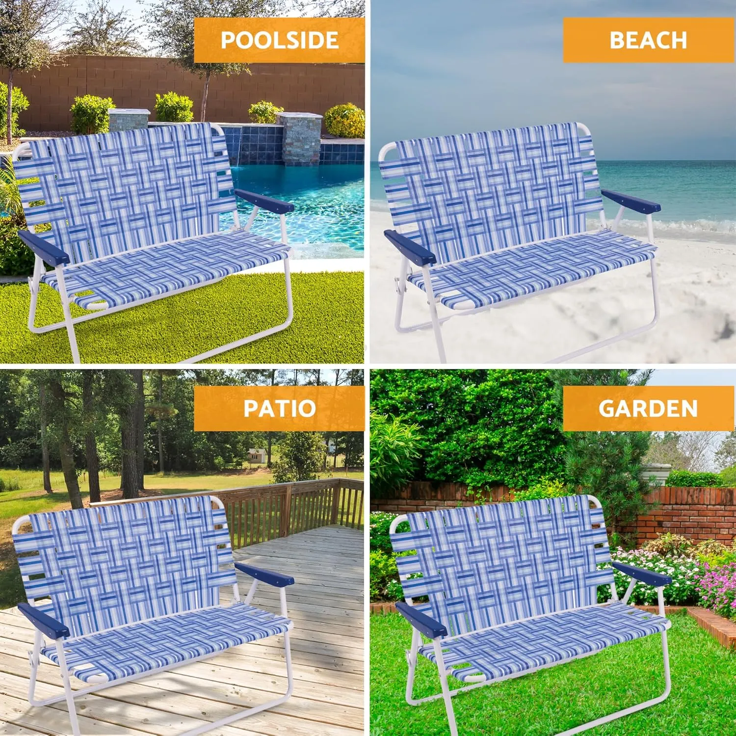 CAMP & GO 16" Extended Height Folding Double Wide Web Lawn Chair Loveseat, Blue/White