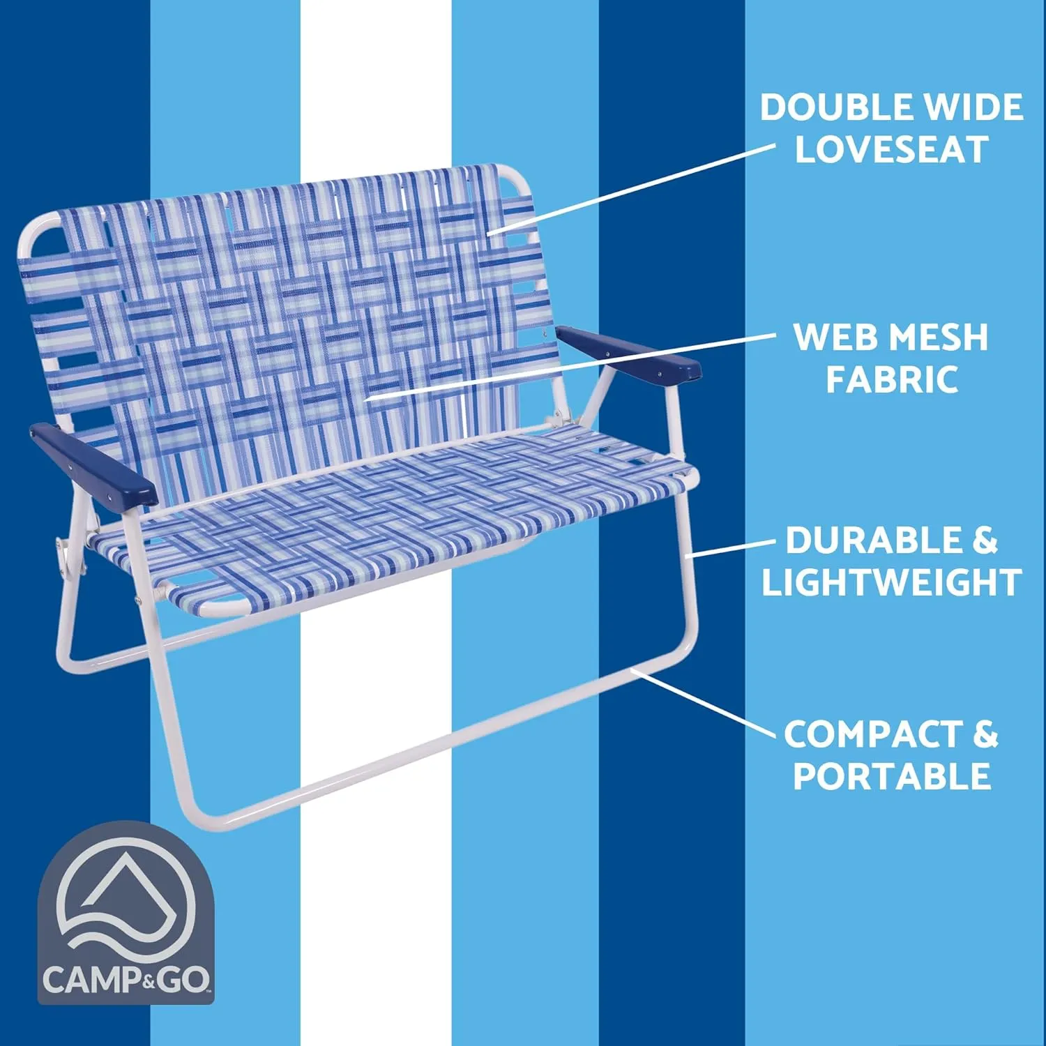 CAMP & GO 16" Extended Height Folding Double Wide Web Lawn Chair Loveseat, Blue/White