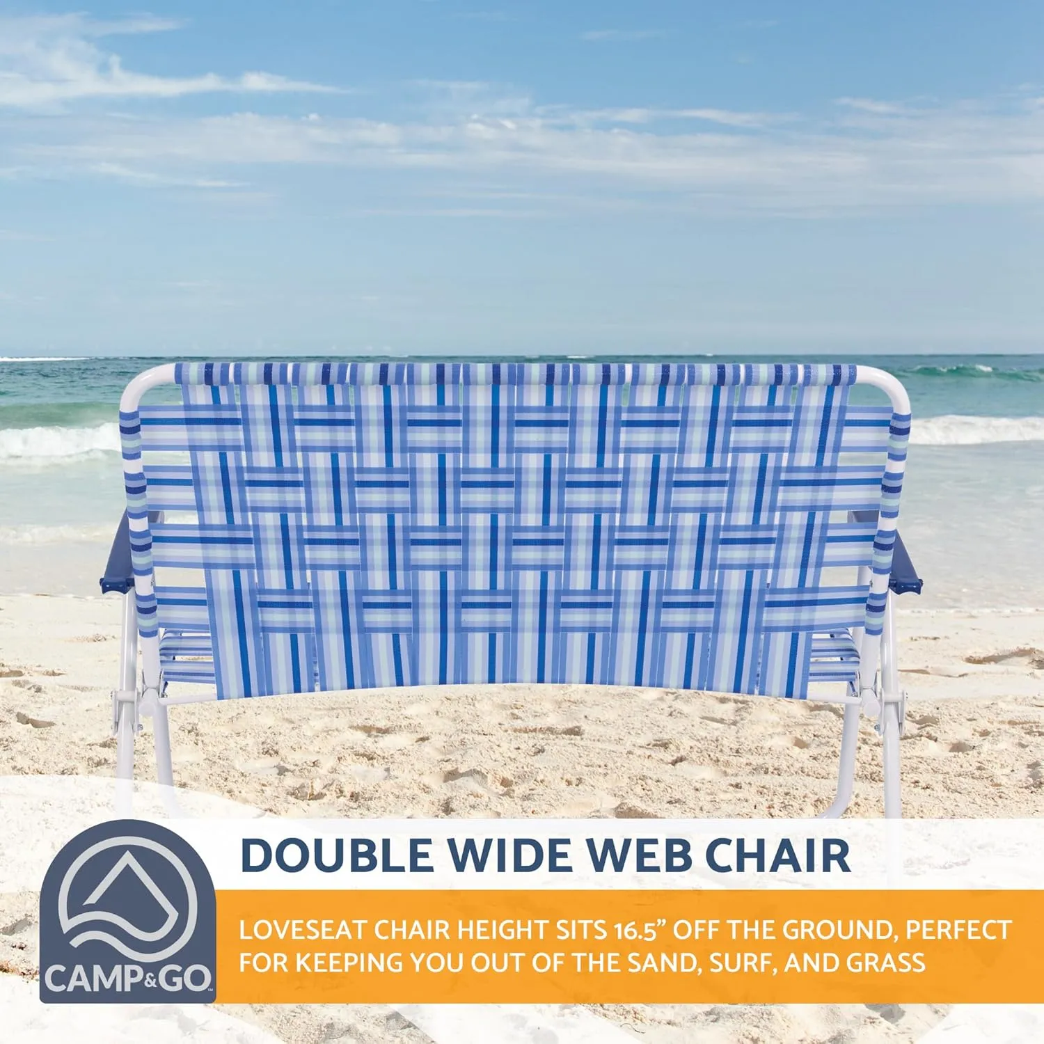 CAMP & GO 16" Extended Height Folding Double Wide Web Lawn Chair Loveseat, Blue/White