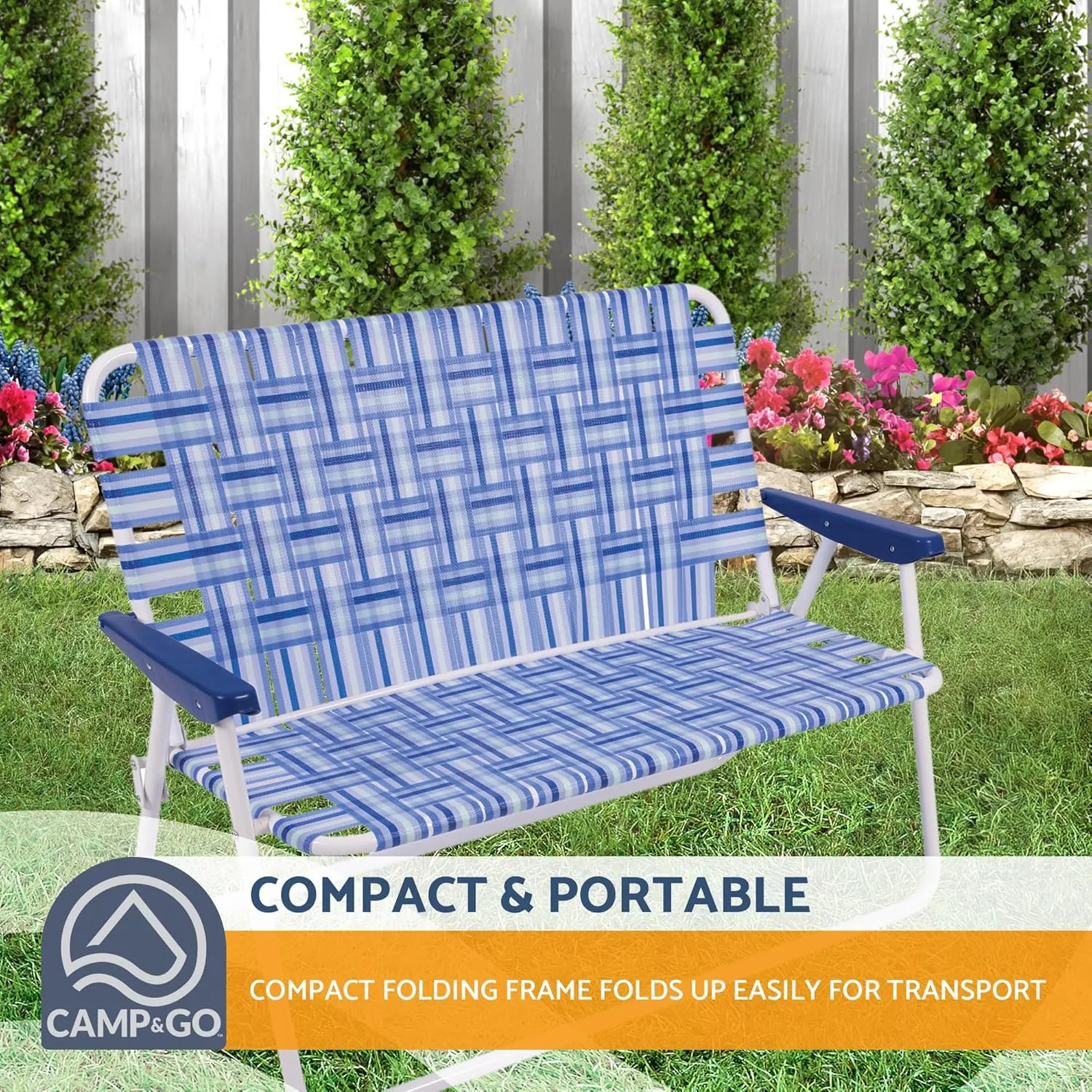 CAMP & GO 16" Extended Height Folding Double Wide Web Lawn Chair Loveseat, Blue/White