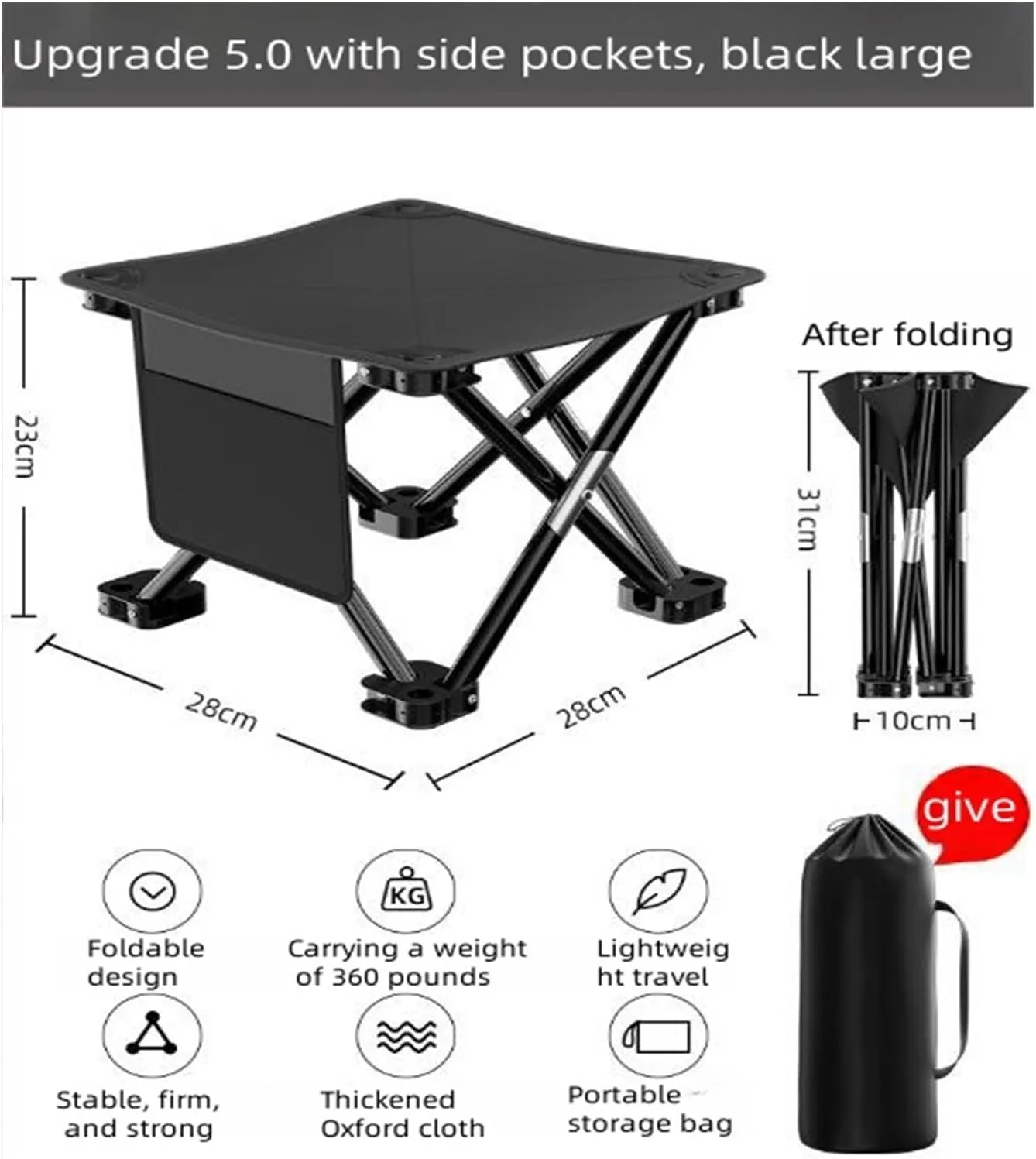 Camping Foot Stool Portable Folding Camp Stool with Storage Bag，Folding Stool Suitable for Fishing, Beach, Picnic,Outdoor(Black,Large)