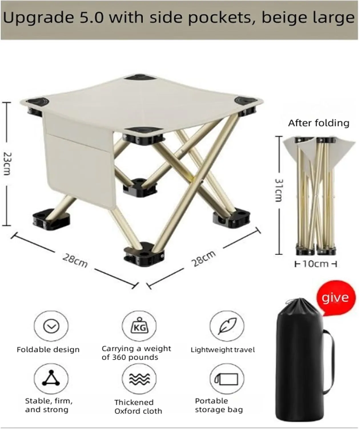 Camping Foot Stool Portable Folding Camp Stool with Storage Bag，Folding Stool Suitable for Fishing, Beach, Picnic,Outdoor(White,Large)