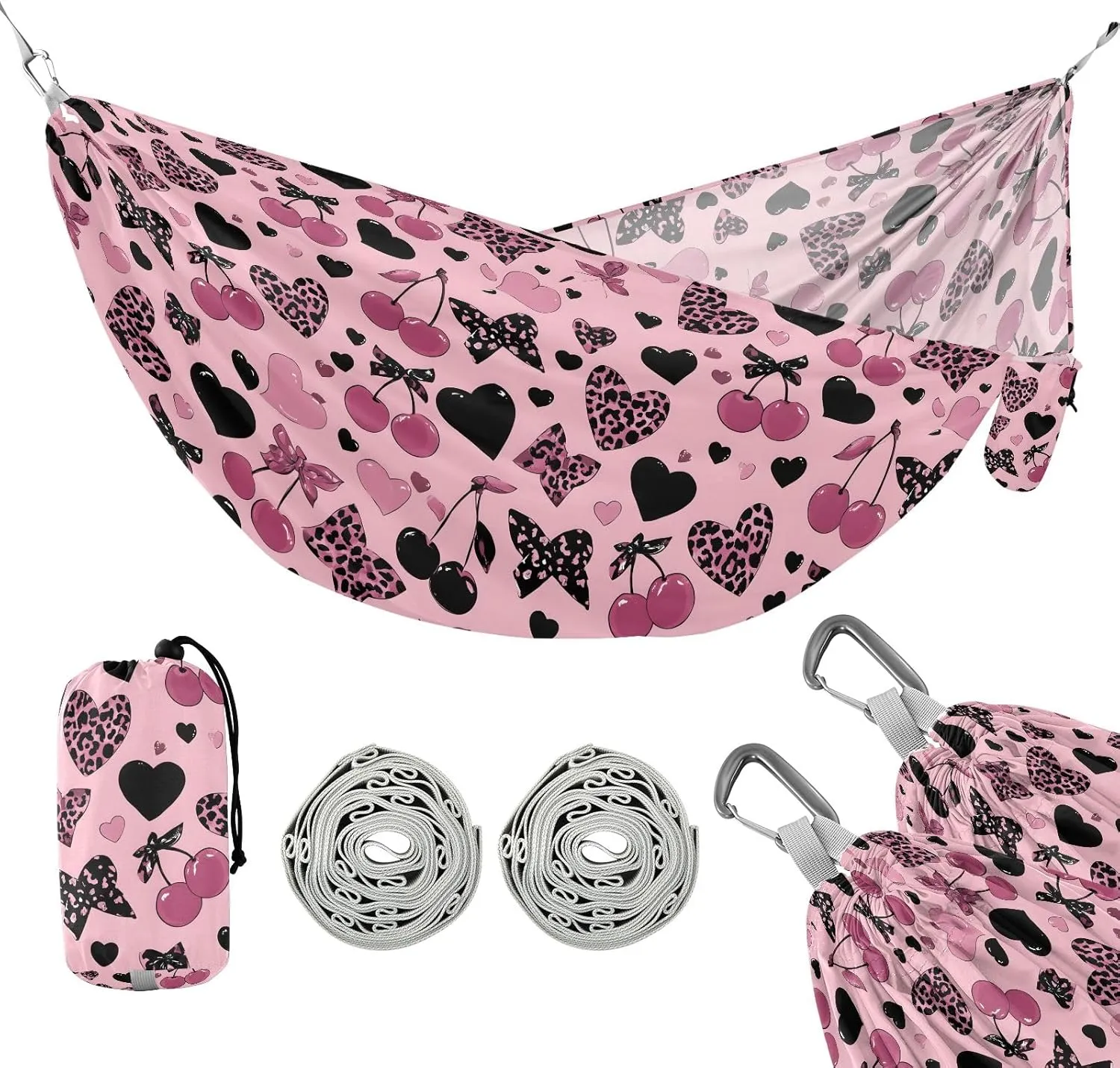 Camping Hammock Outdoor Hammocks for Outside Leopard Heart Cherry Beach Trees Portable Lightweight with Pockets Tree Straps Indoor