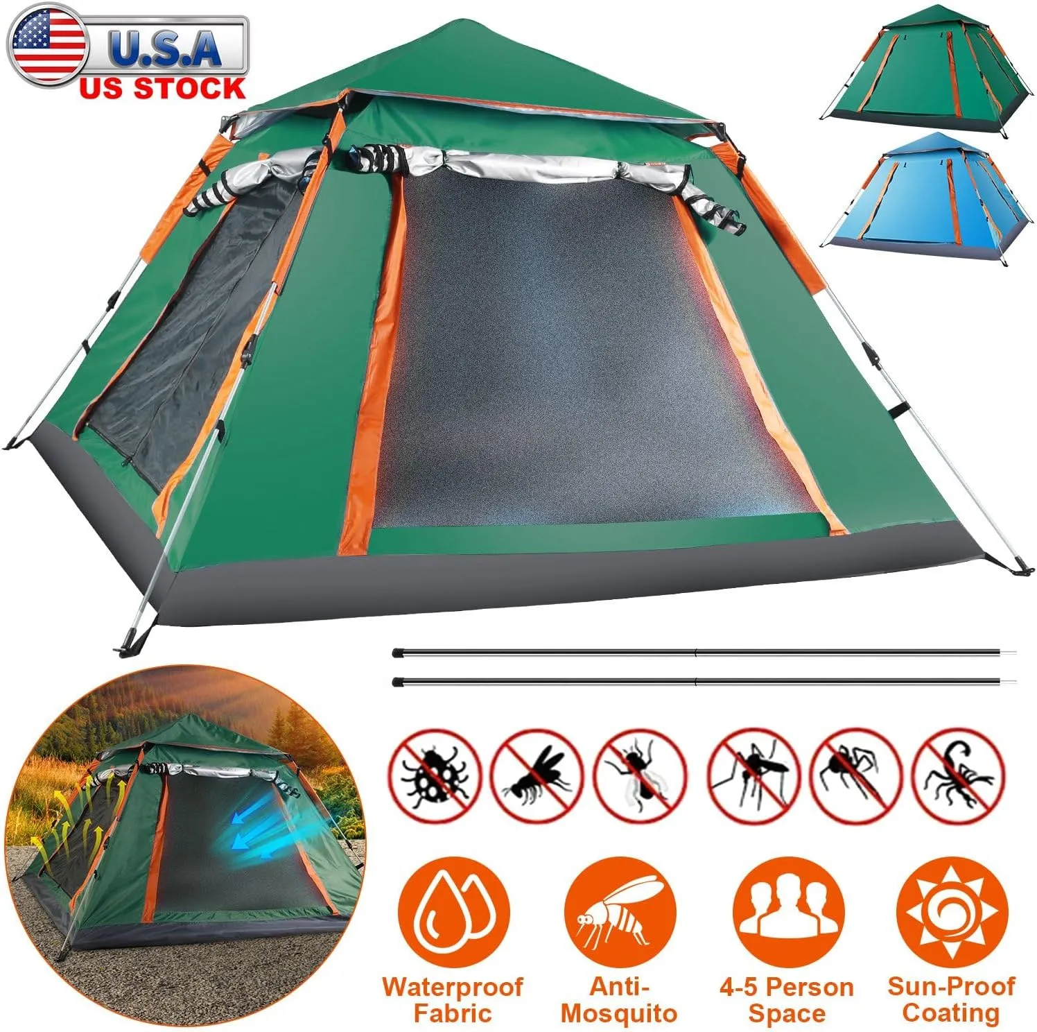 Camping Tent Outdoor for 4-5 Person Foldable Waterproof Tent with 2 Mosquito Nets Windows Carrying Bag for Hiking Climbing Adventure Fishing(Green)