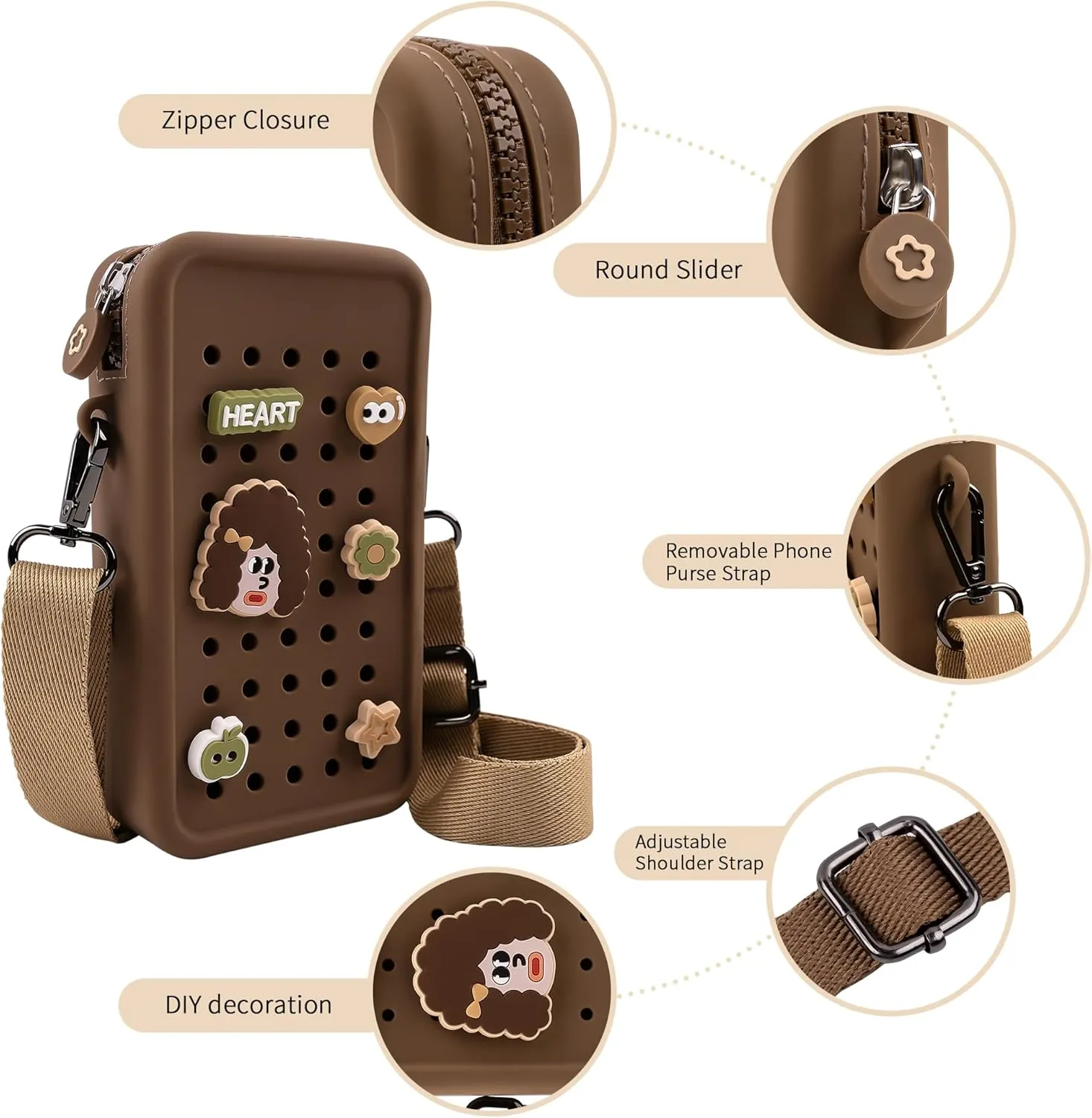 Candy Small Crossbody Bag with Wide Shoulder Strap and Larger Holes for Charms – Adjustable, Stylish, and Comfortable Everyday Bag (Brown)